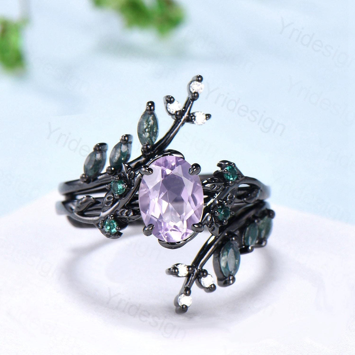 Nature Inspired Lavender Amethyst Engagement ring set black gold unique leaf vine marquise moss agate ring gothic 2pcs bridal wedding set