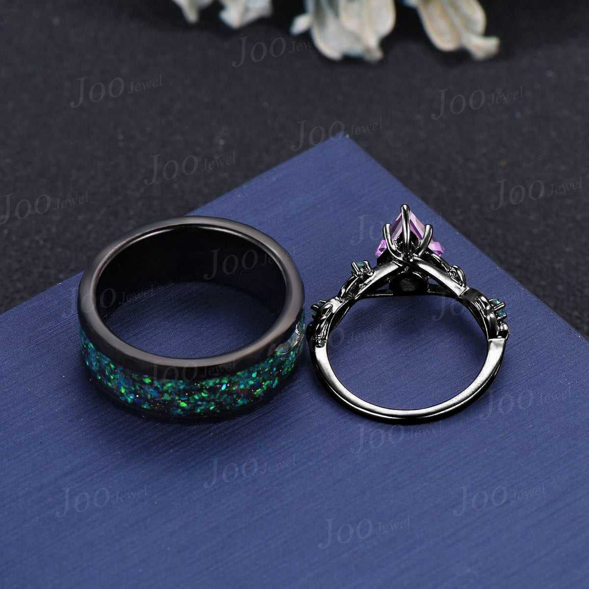 1ct Kite Cut Natural Amethyst Emerald Twig Vine Ring Black Ceramic Tungsten Band for Men Wear-resistant Ring Matching Ring Set for Couple