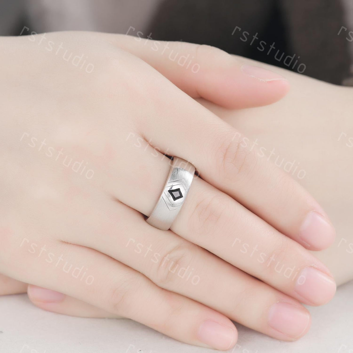 Couple Ring Set: Mens Kite Black Spinel Ring: Women's Moss Agate Ring