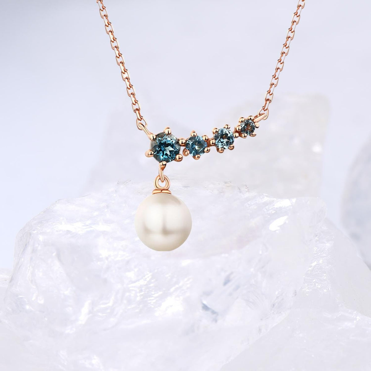 Elegant pearl pendant necklace five stone dainty pendant 9k/14k/18k rose  gold art deco London blue topaz pendant necklace Anniversary gift