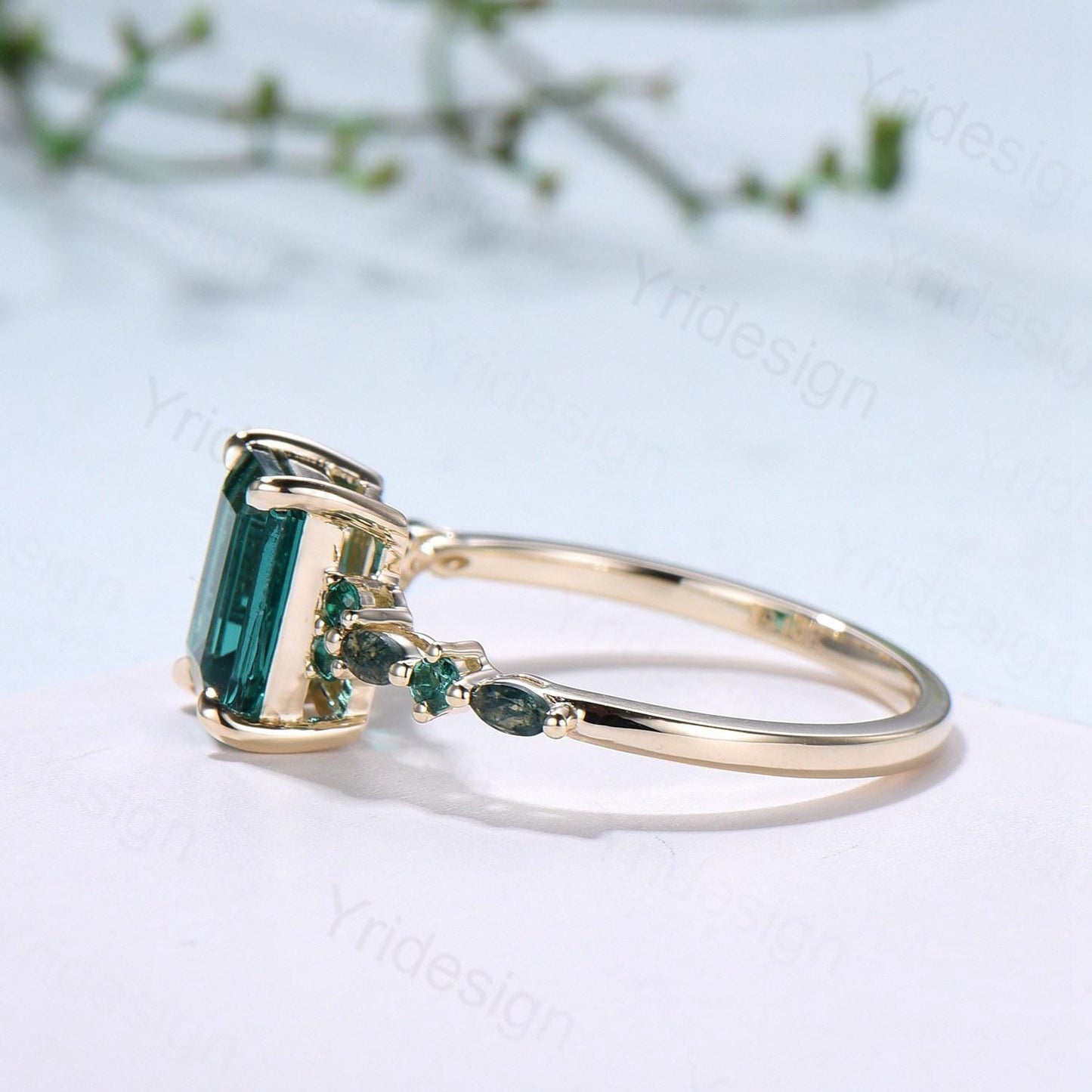 Vintage Emerald Cut Green Sapphire Engagement Ring 14K Yellow Gold Unique Marquise Moss Agate Emerald Wedding Ring Promise Anniversary Gifts