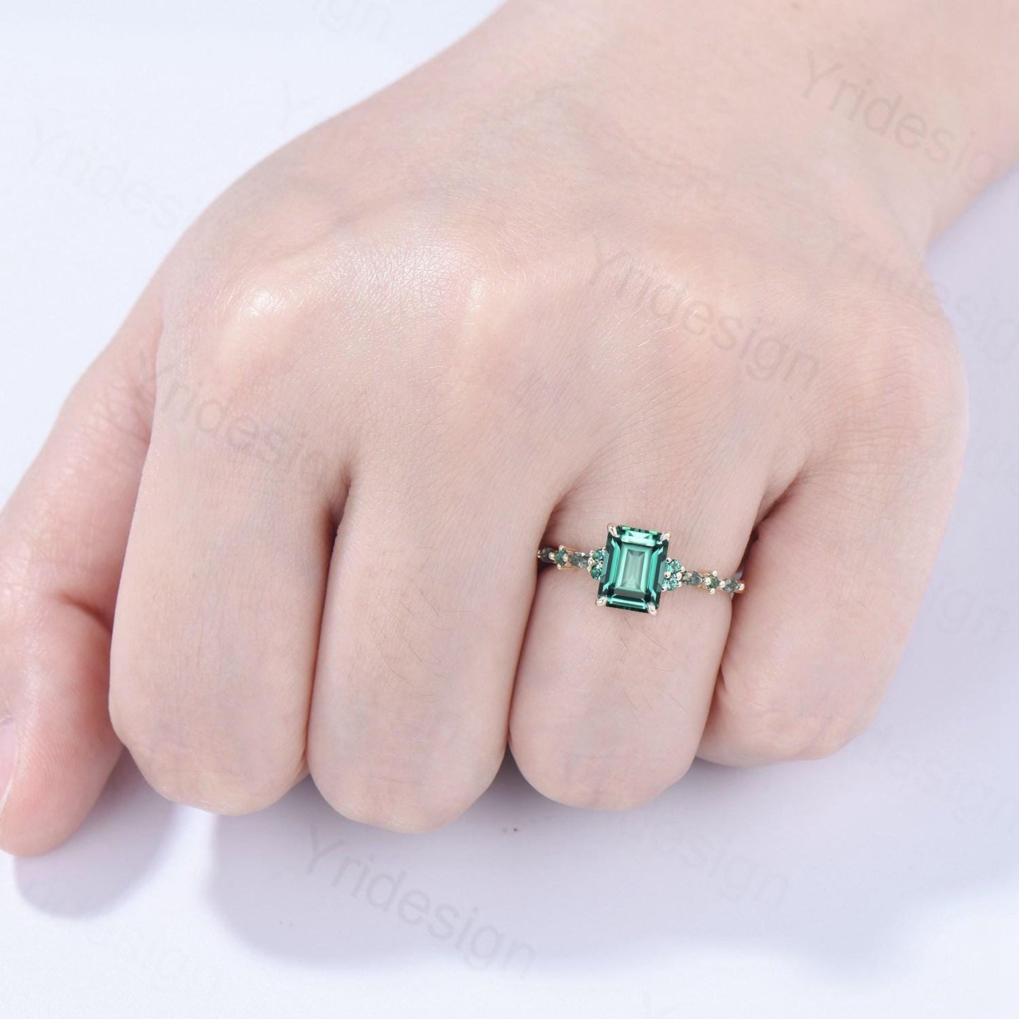 Vintage Emerald Cut Green Sapphire Engagement Ring 14K Yellow Gold Unique Marquise Moss Agate Emerald Wedding Ring Promise Anniversary Gifts