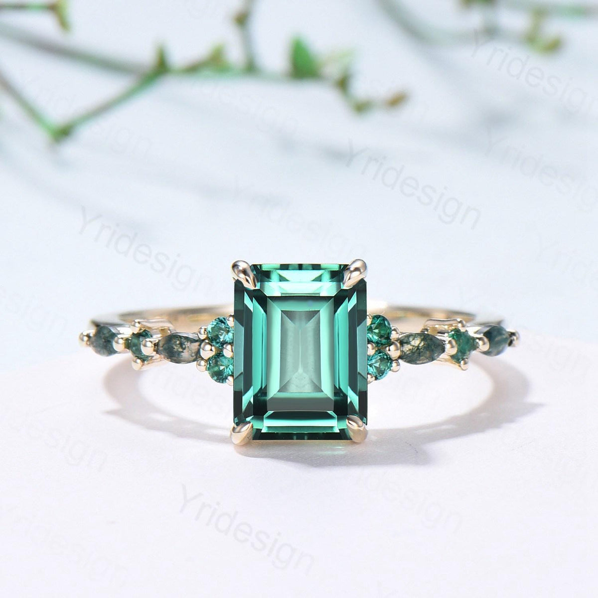 Vintage Emerald Cut Green Sapphire Engagement Ring 14K Yellow Gold Unique Marquise Moss Agate Emerald Wedding Ring Promise Anniversary Gifts