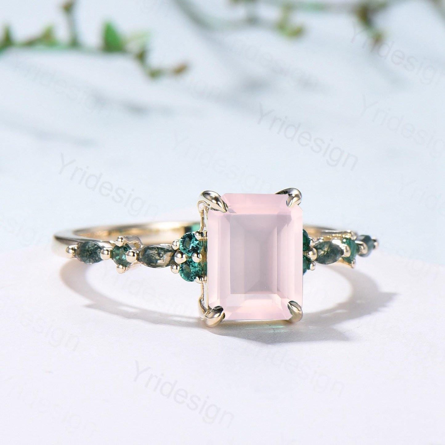 Vintage Emerald Cut Rose Quartz Engagement Ring Unique Marquise Moss Agate Pink Crystal Wedding Ring Yellow Gold Promise Anniversary Gifts