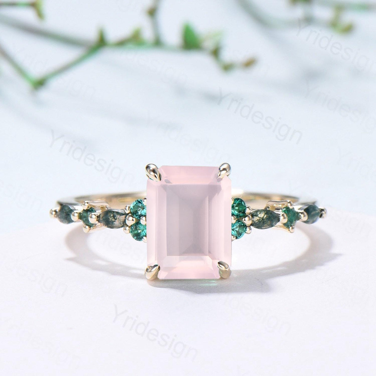 Vintage Emerald Cut Rose Quartz Engagement Ring Unique Marquise Moss Agate Pink Crystal Wedding Ring Yellow Gold Promise Anniversary Gifts