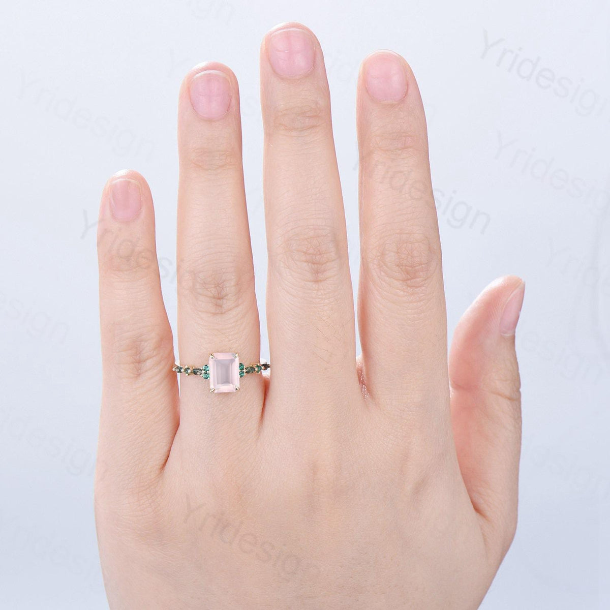 Vintage Emerald Cut Rose Quartz Engagement Ring Unique Marquise Moss Agate Pink Crystal Wedding Ring Yellow Gold Promise Anniversary Gifts