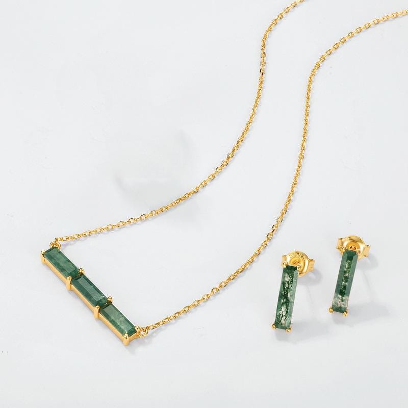 Minimalist baguette cut moss agate wedding set solitaire yellow gold moss agate pendant necklace rose gold agate earrings anniversary gifts