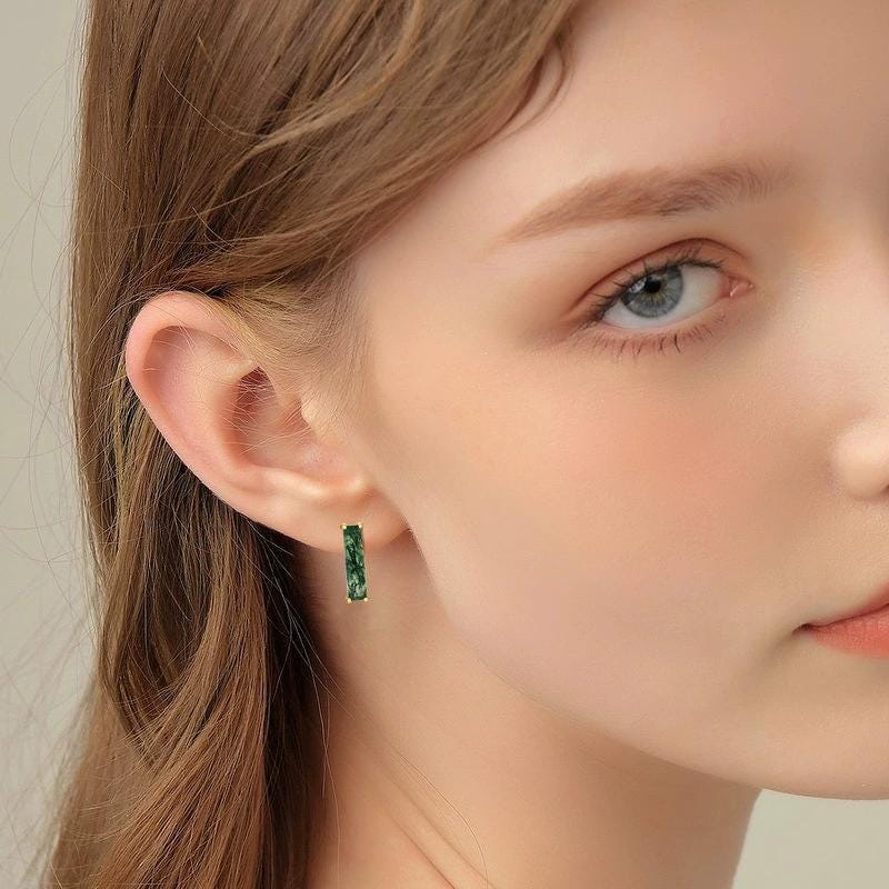 Minimalist baguette cut moss agate wedding set solitaire yellow gold moss agate pendant necklace rose gold agate earrings anniversary gifts