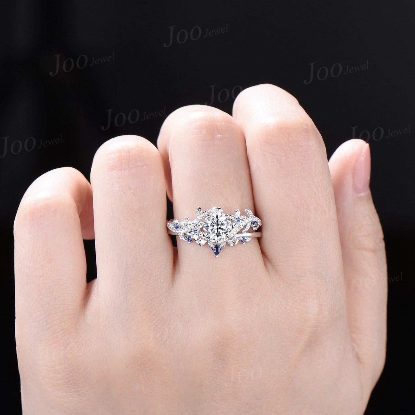 1ct Round Cut Moissanite Engagement Ring Set Sterling Silver Diamond Sapphire Leaf Floral Wedding Bridal Set Unique Proposal Gifts for Women