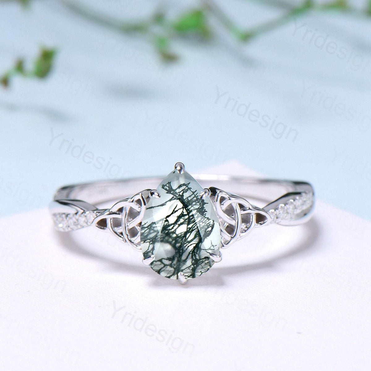 Norse Viking Pear Shaped Moss Agate Engagement Ring For Women Unique Celtic infinity moissanite wedding ring spilt shank anniversary gifts