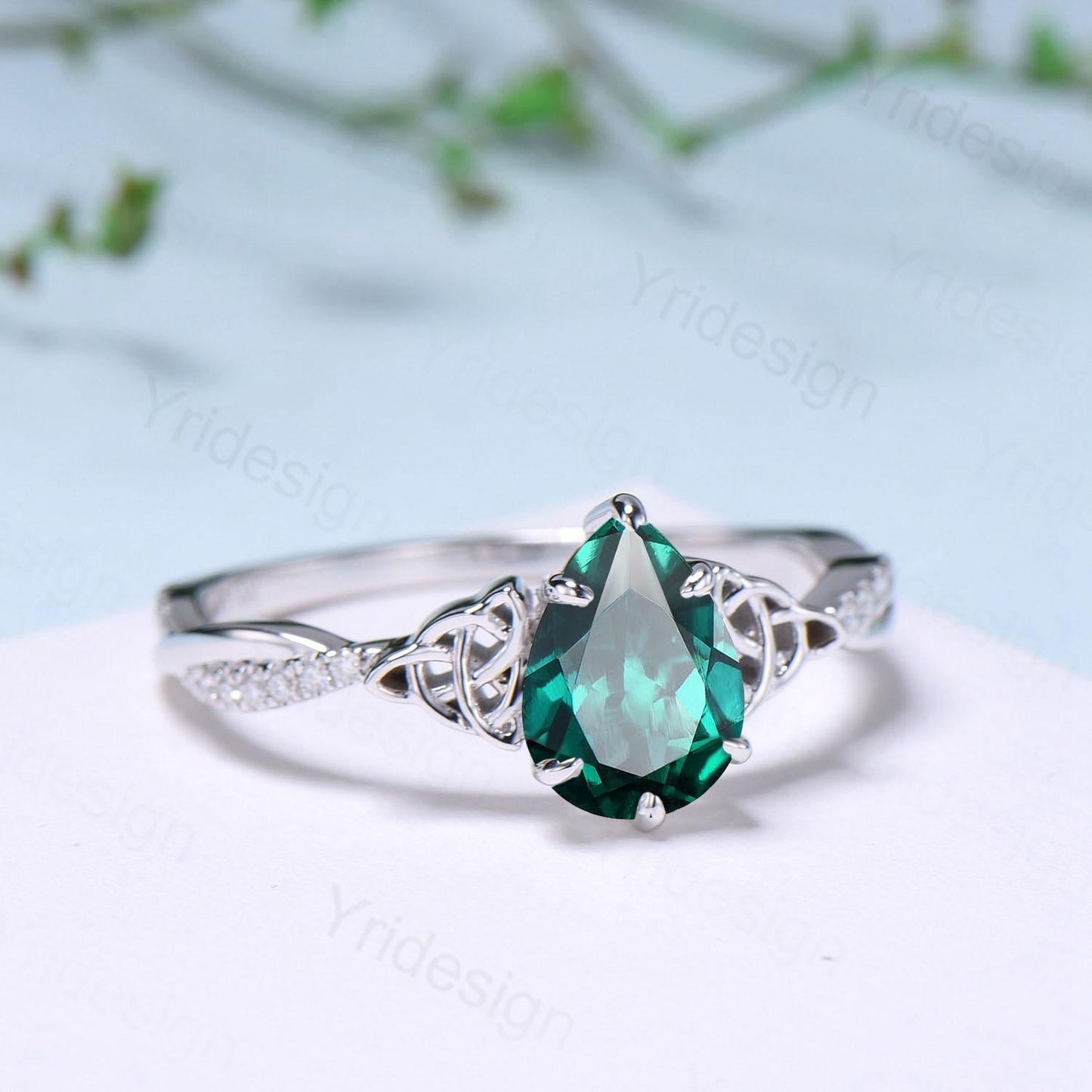 Celtic Knot Pear Shaped Emerald Engagement Ring For Women Unique Norse Viking infinity Moissanite Wedding Ring Spilt Shank Anniversary gifts