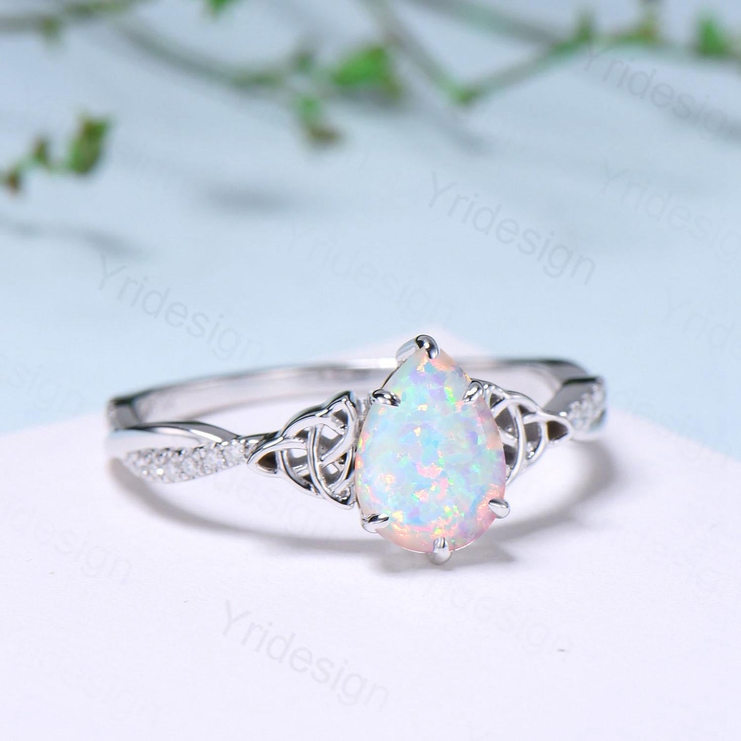 Celtic Knot Pear Shaped Fire Opal Engagement Ring For Women Unique Norse Viking infinity Opal Wedding Ring Spilt Shank Anniversary gifts