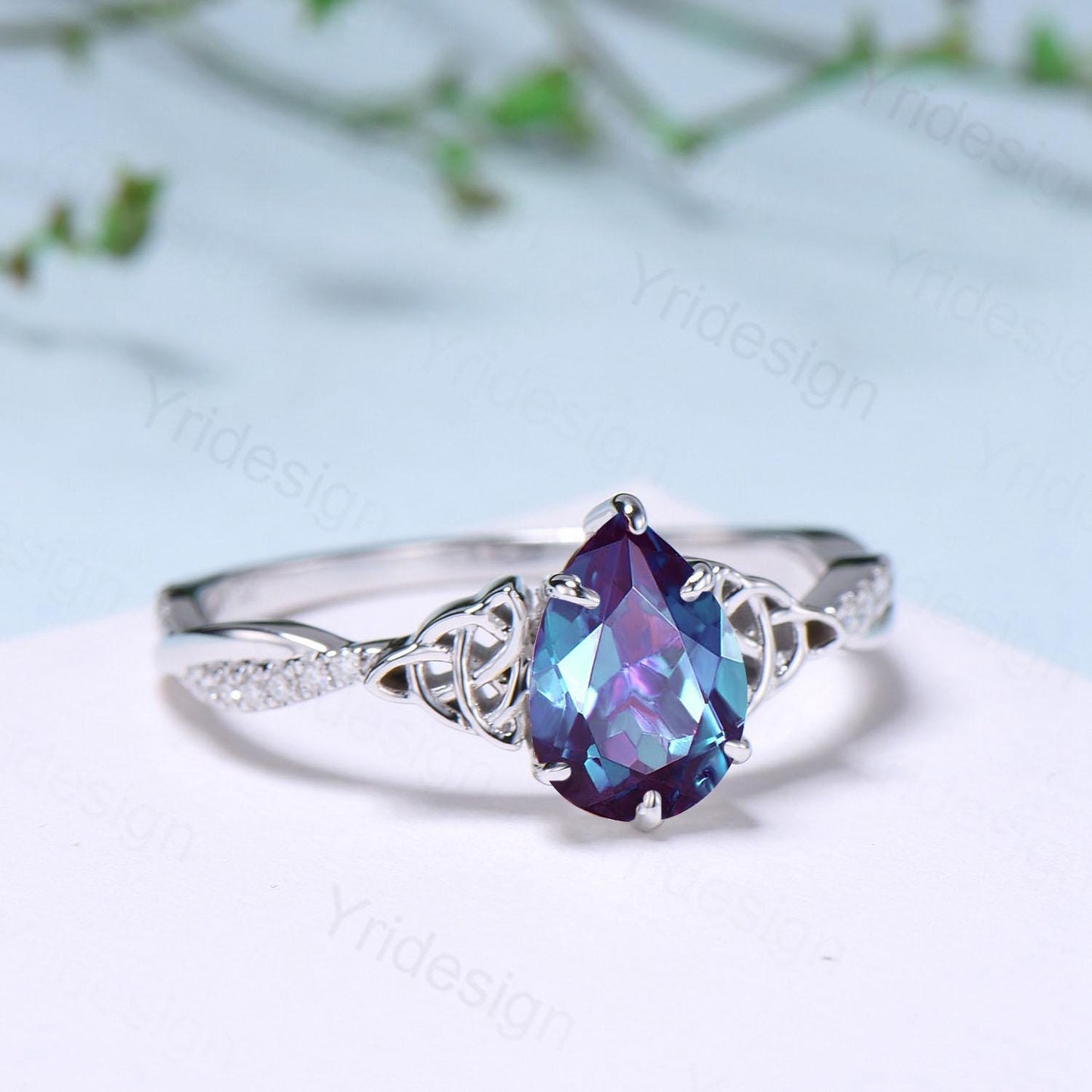 Celtic Knot Pear Shaped Alexandrite Engagement Ring Unique Norse Viking infinity Color Change Wedding Ring Spilt Shank Anniversary gifts
