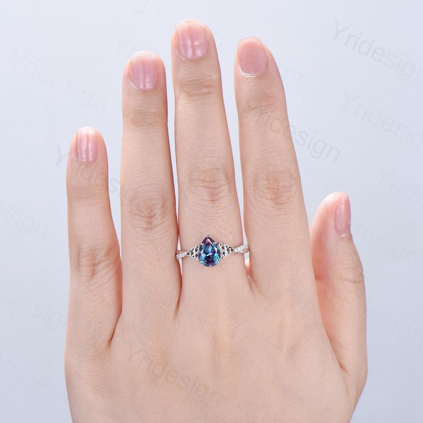 Celtic Knot Pear Shaped Alexandrite Engagement Ring Unique Norse Viking infinity Color Change Wedding Ring Spilt Shank Anniversary gifts