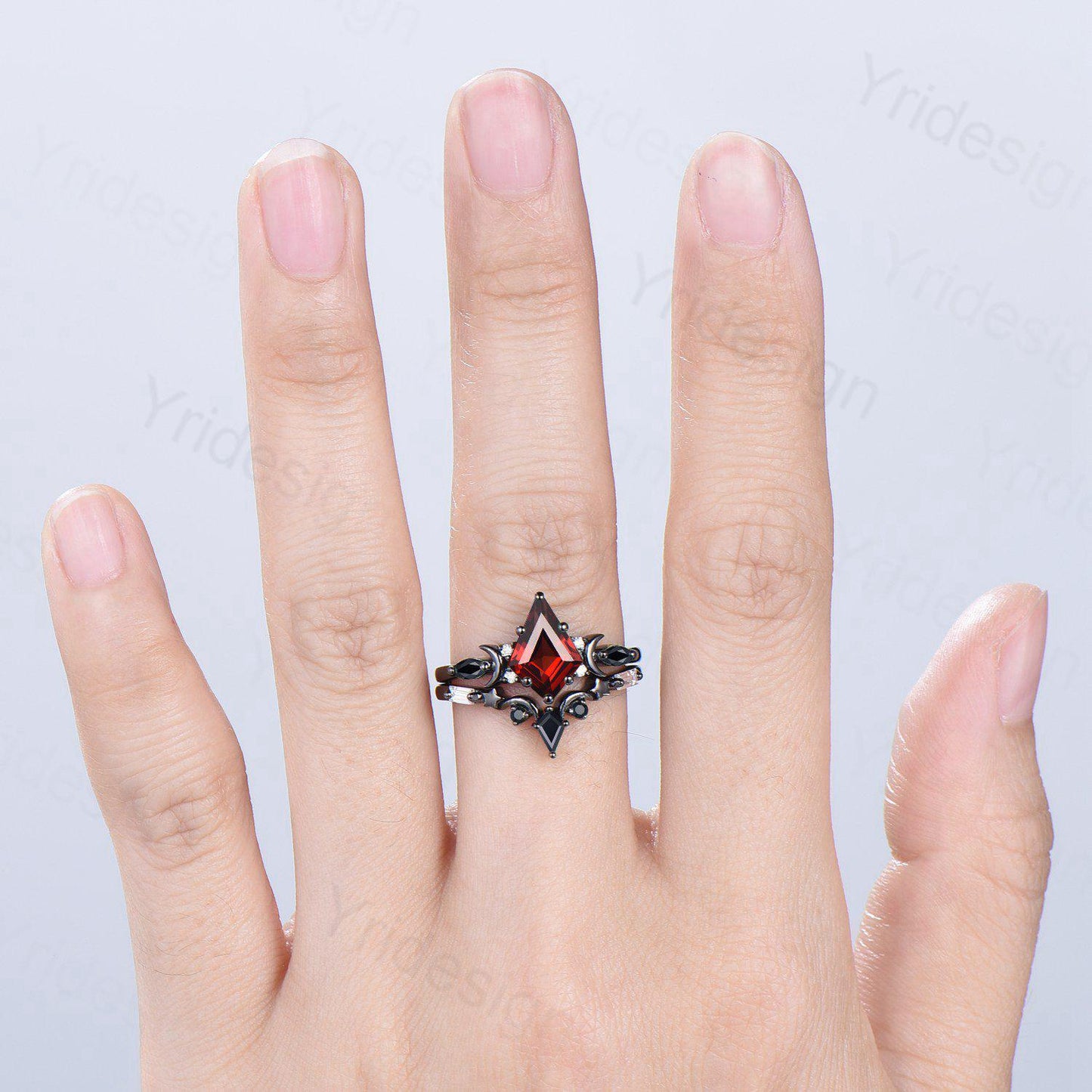 Unique Black gold kite cut garnet ring Unique crescent moon star January birthstone engagement ring black spinel delicate bridal wedding set