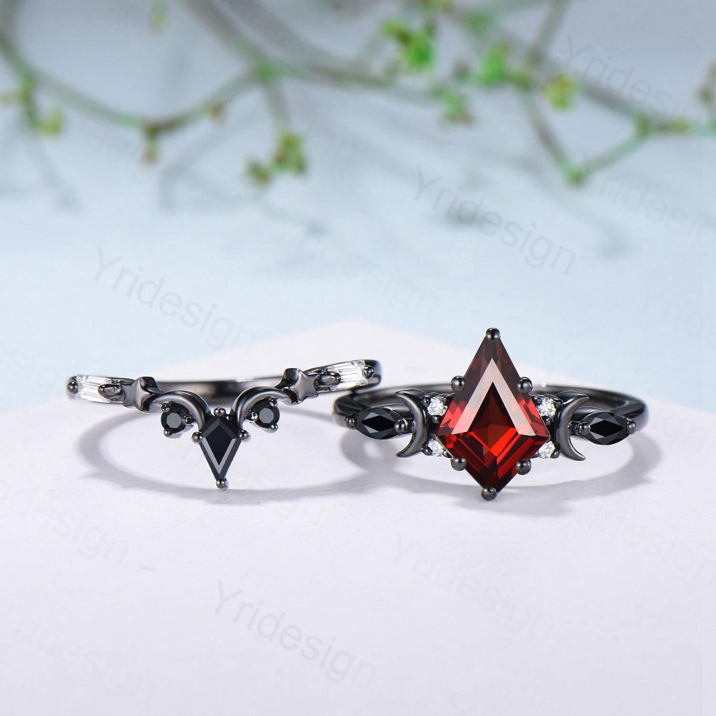 Unique Black gold kite cut garnet ring Unique crescent moon star January birthstone engagement ring black spinel delicate bridal wedding set