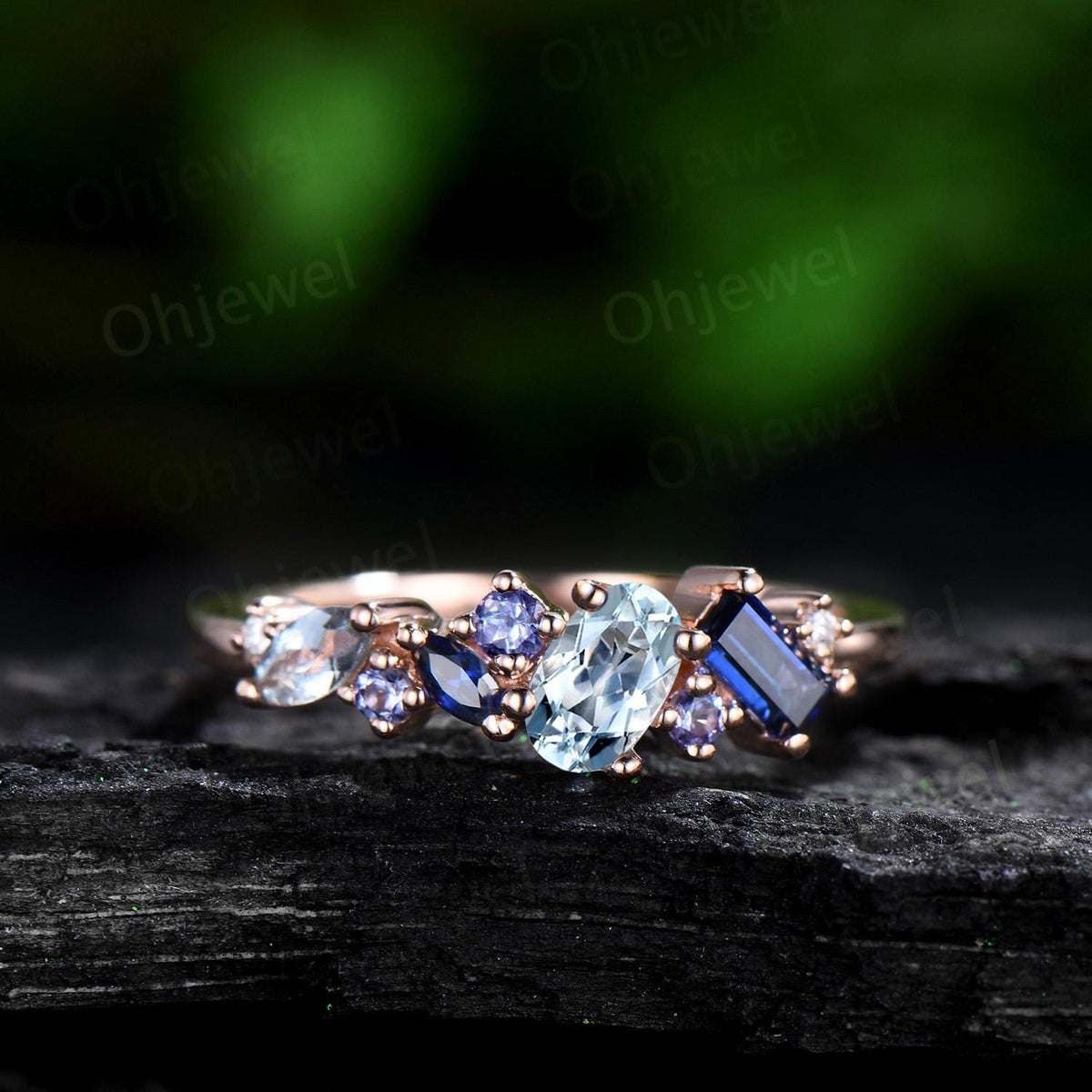 Vintage oval Aquamarine ring cluster Baguette sapphire ring dainty tanzanite ring women solid 14k rose gold anniversary wedding ring gift