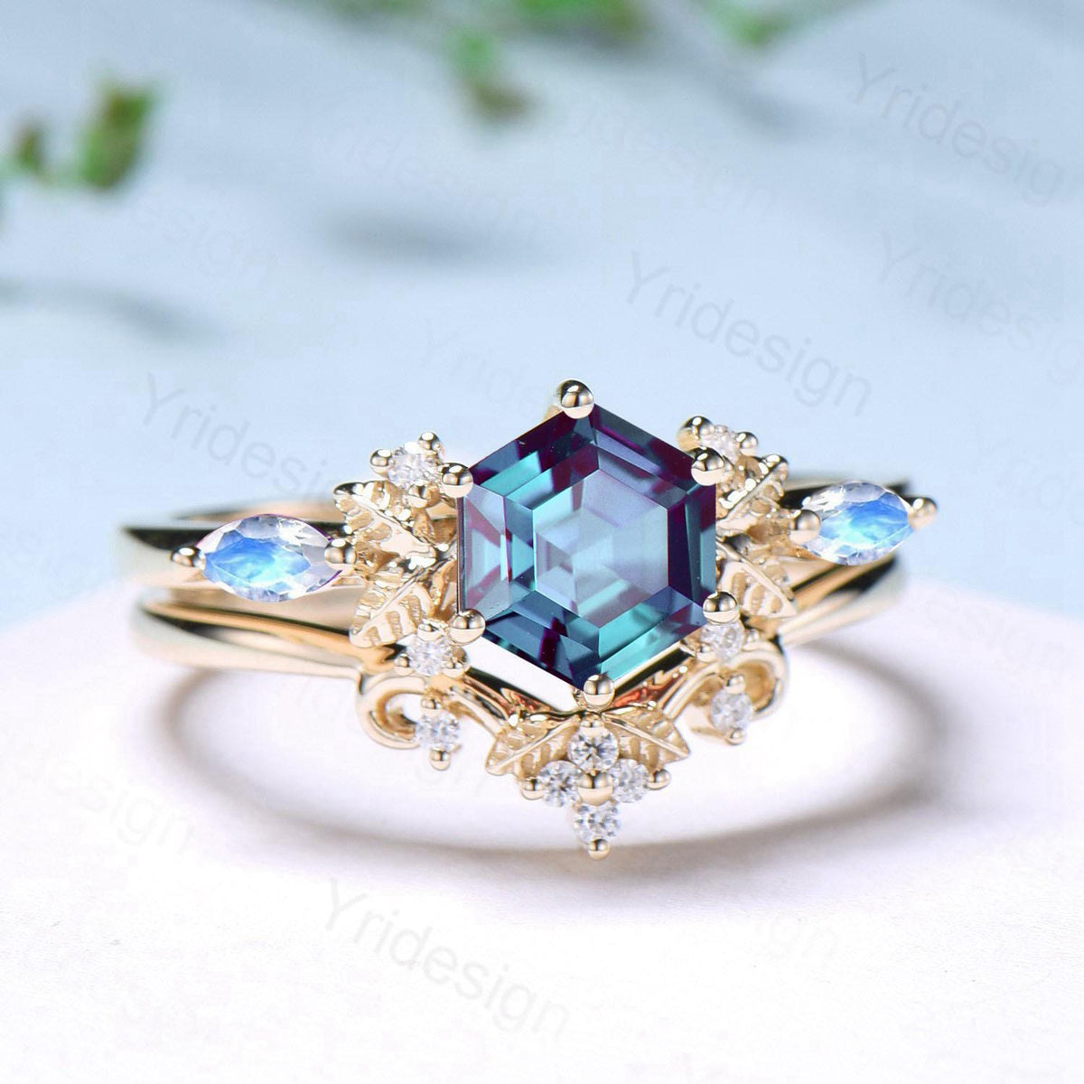 Nature inspired hexagon alexandrite engagement ring set 14k yellow gold unique leaf vine June birthstone wedding ring set Anniversary Gifts