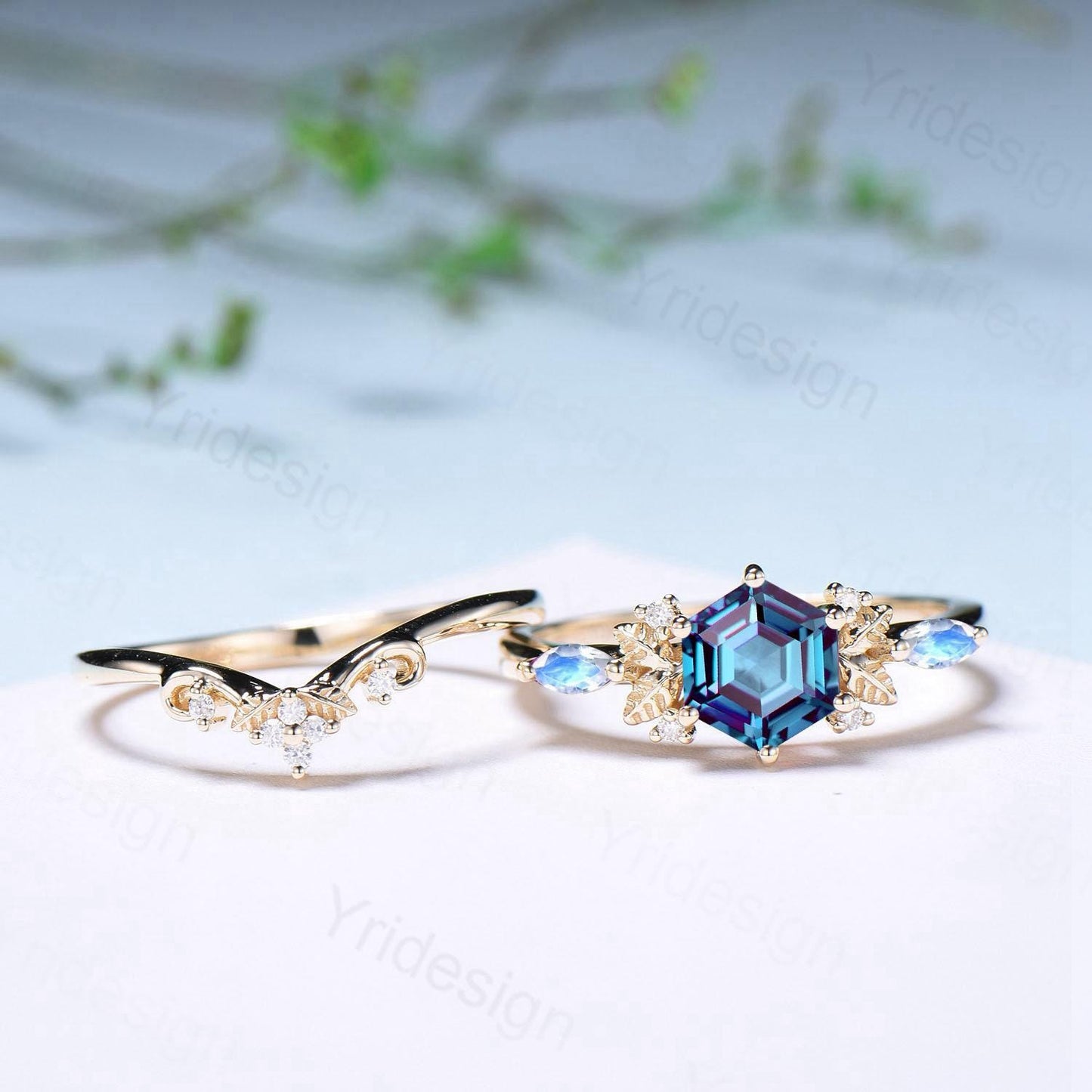 Nature inspired hexagon alexandrite engagement ring set 14k yellow gold unique leaf vine June birthstone wedding ring set Anniversary Gifts