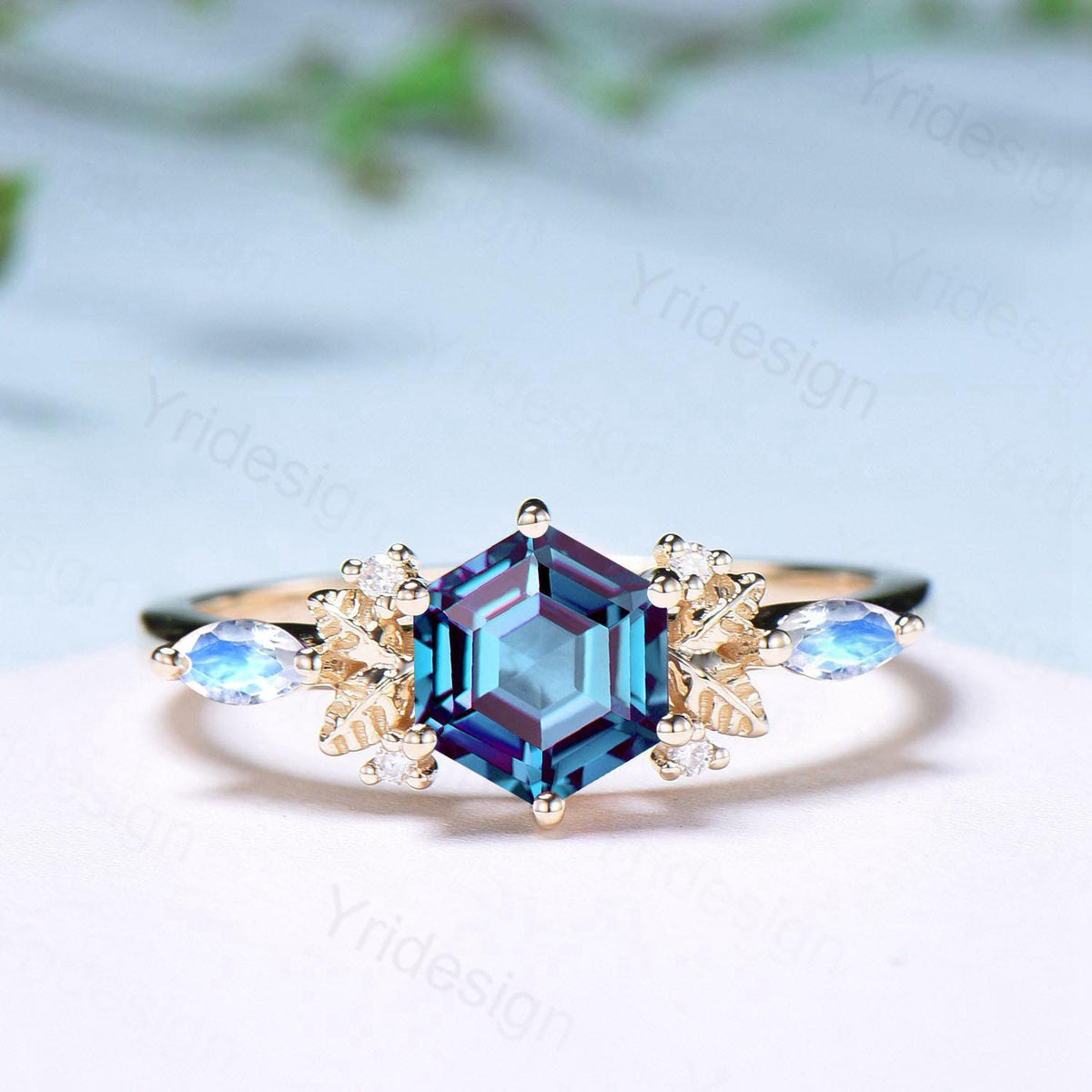 Nature inspired hexagon alexandrite engagement ring set 14k yellow gold unique leaf vine June birthstone wedding ring set Anniversary Gifts