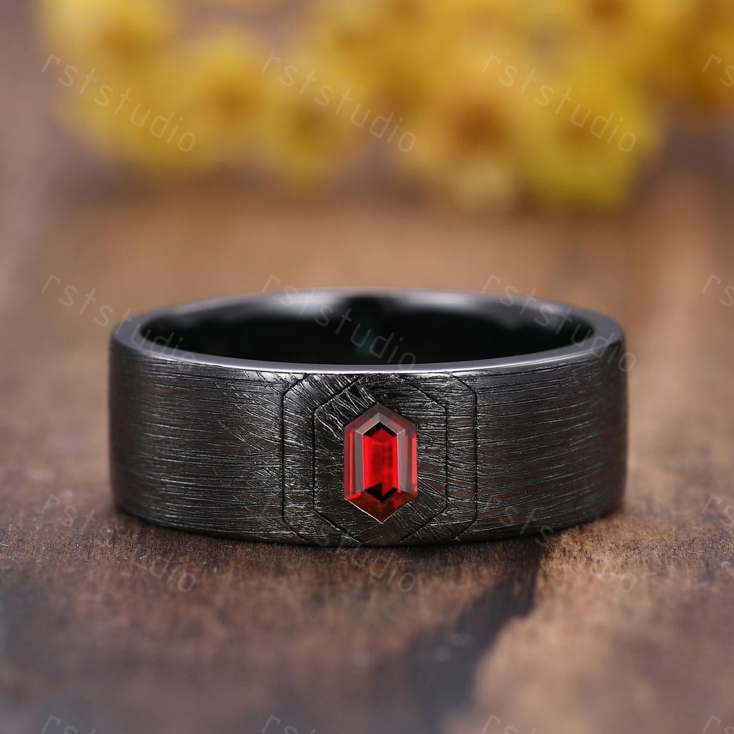 Mens Gothic Red Garnet Ring: Black Gold Hexagon Wedding Band