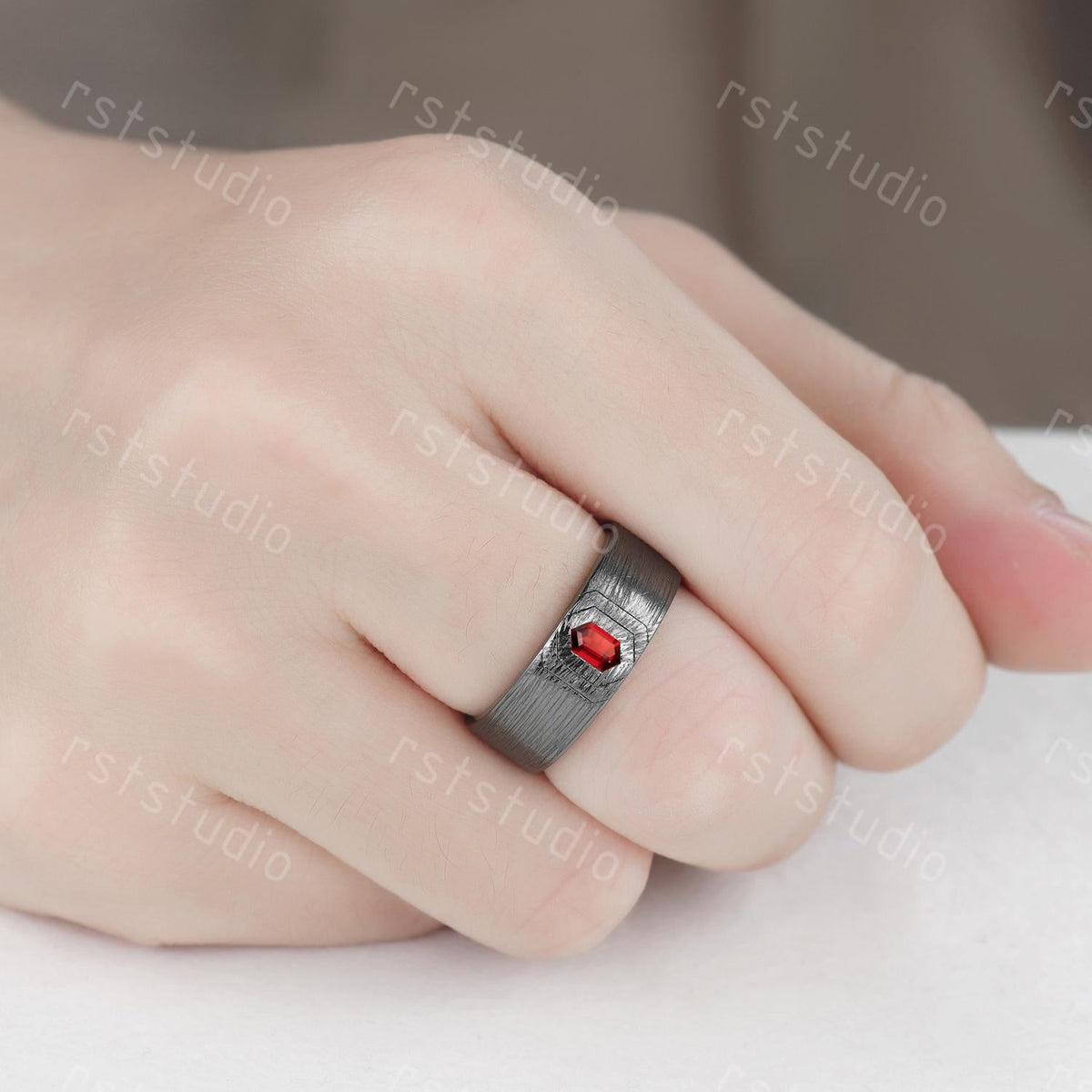 Mens Gothic Red Garnet Ring: Black Gold Hexagon Wedding Band