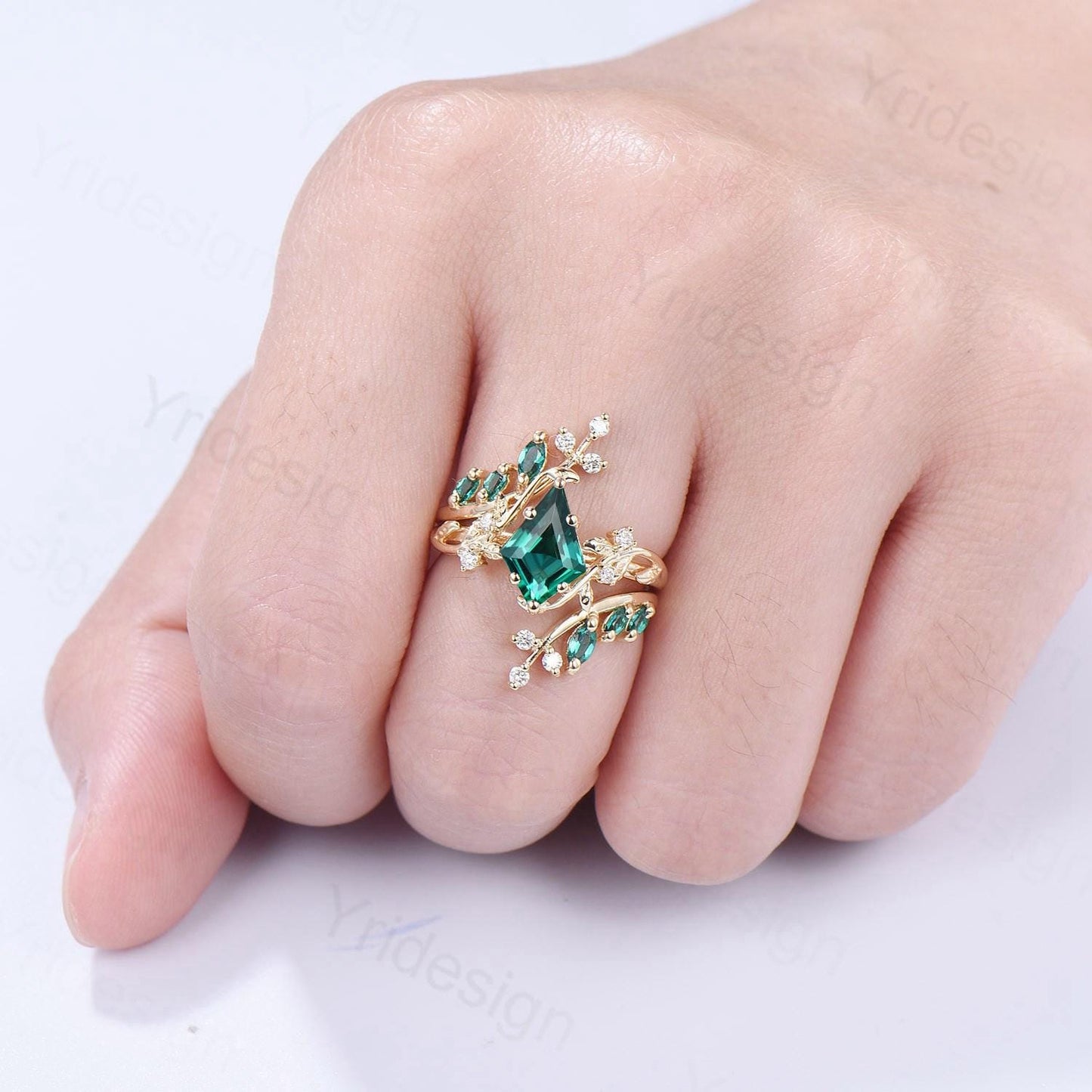 18K yellow gold kite cut emerald engagement ring set cluster emerald diamond engagement ring nature inspired may birthstone wedding ring set