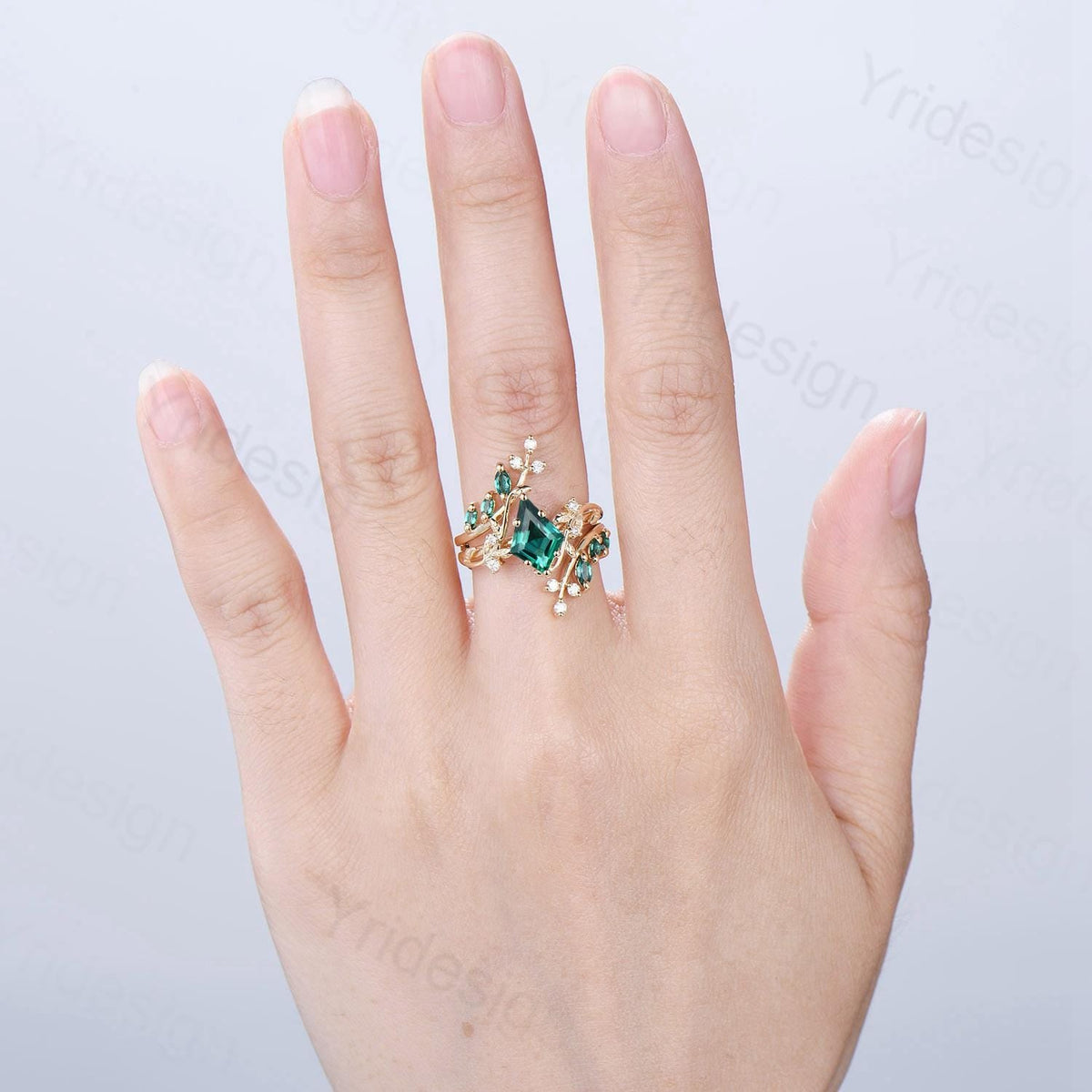 18K yellow gold kite cut emerald engagement ring set cluster emerald diamond engagement ring nature inspired may birthstone wedding ring set