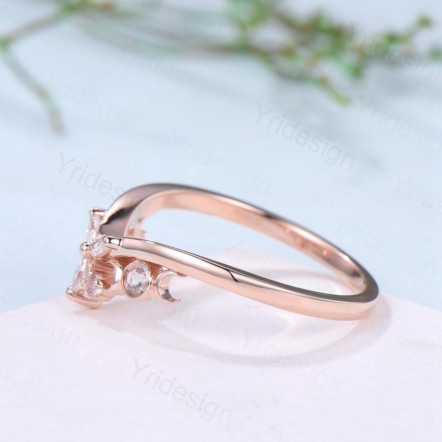 Curved Moonstone Wedding Band 14k rose gold celtic knot Marquise cut wedding ring Unique Stacking matching ring Promise Anniversary band