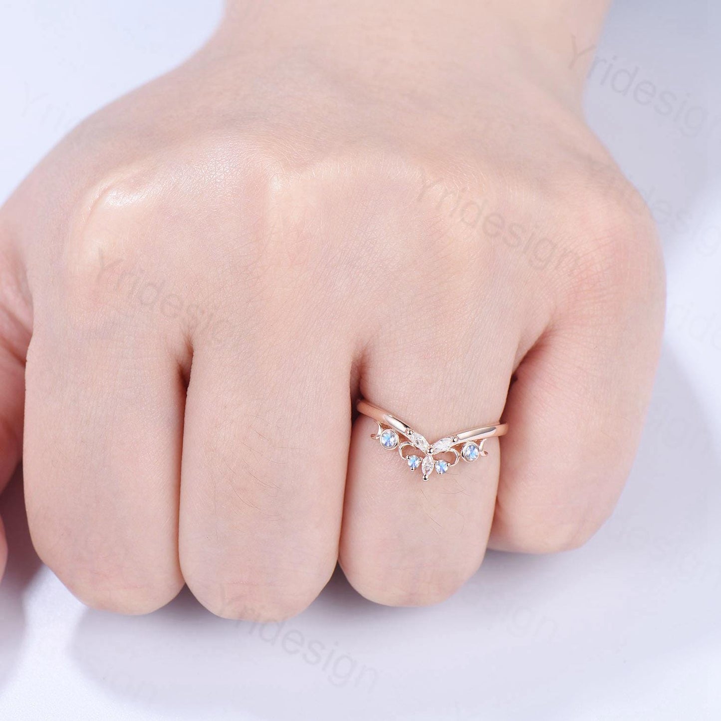 Curved Moonstone Wedding Band 14k rose gold celtic knot Marquise cut wedding ring Unique Stacking matching ring Promise Anniversary band