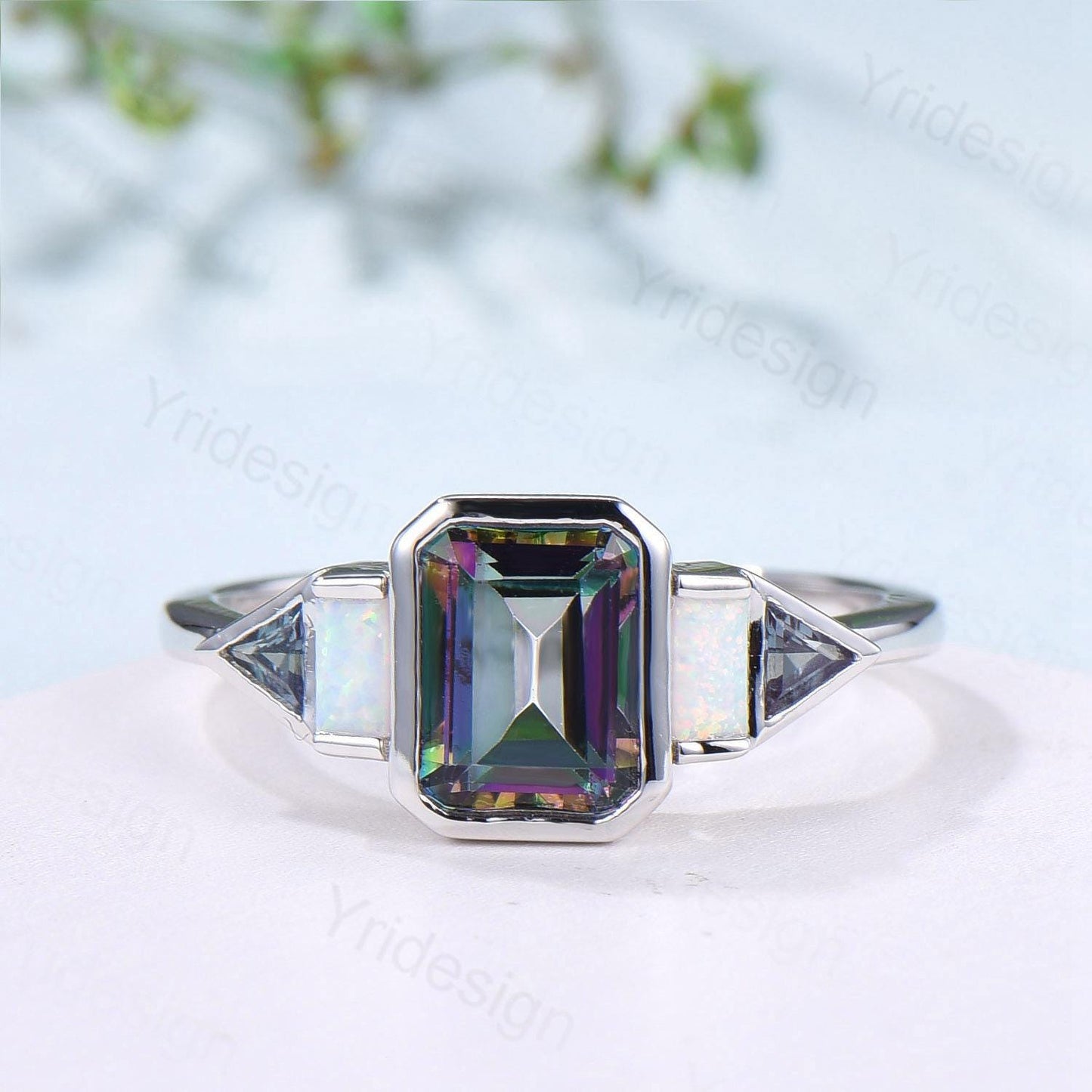 Vintage emerald cut mystic topaz engagement ring Baguette white opal trillion cut alexandrite band unique topaz five stone anniversary ring
