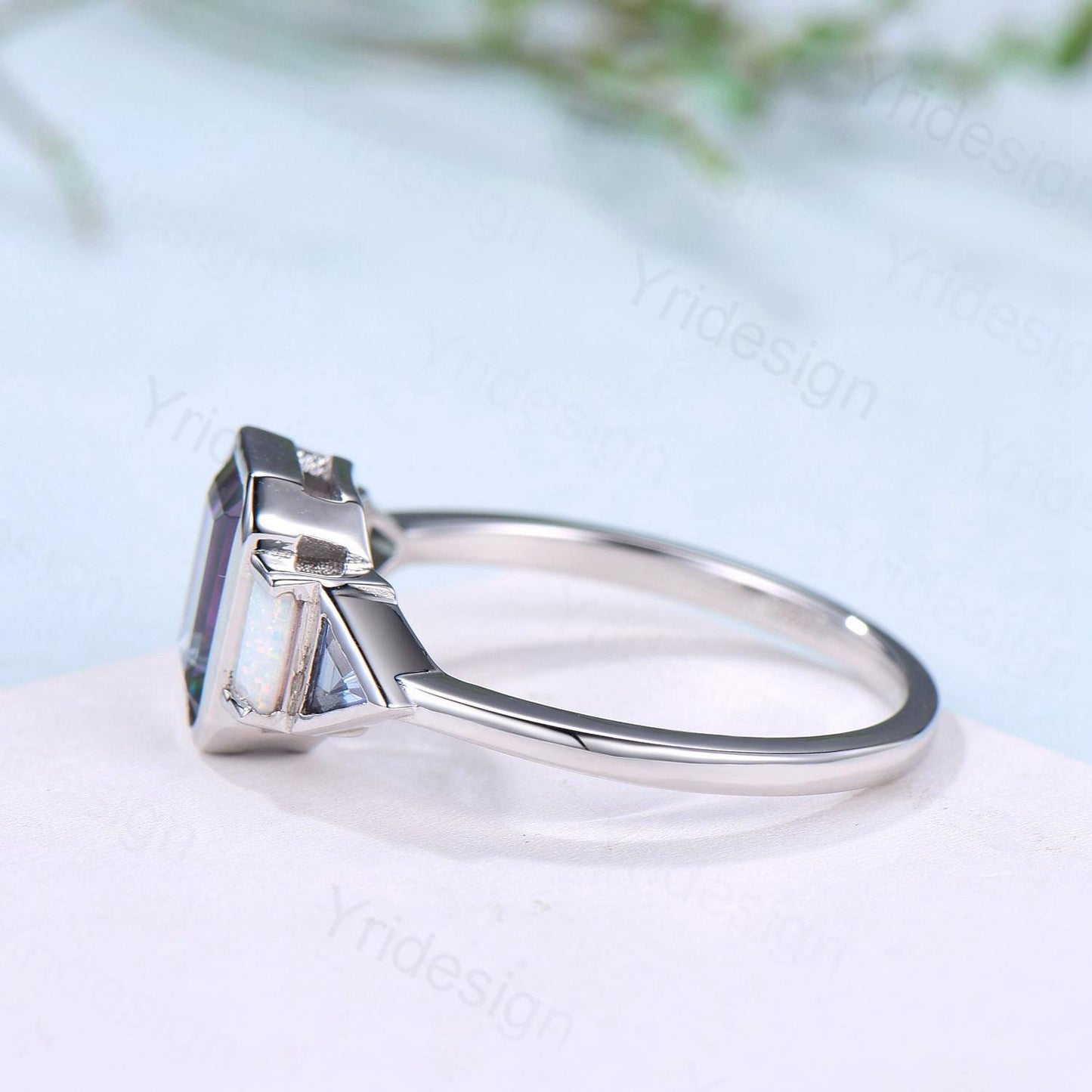 Vintage emerald cut mystic topaz engagement ring Baguette white opal trillion cut alexandrite band unique topaz five stone anniversary ring
