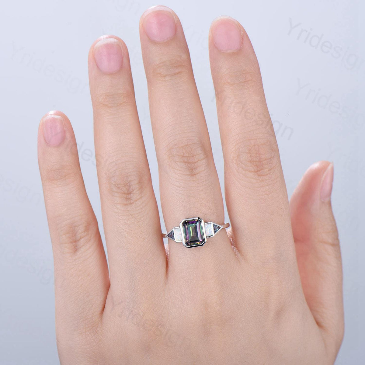 Vintage emerald cut mystic topaz engagement ring Baguette white opal trillion cut alexandrite band unique topaz five stone anniversary ring