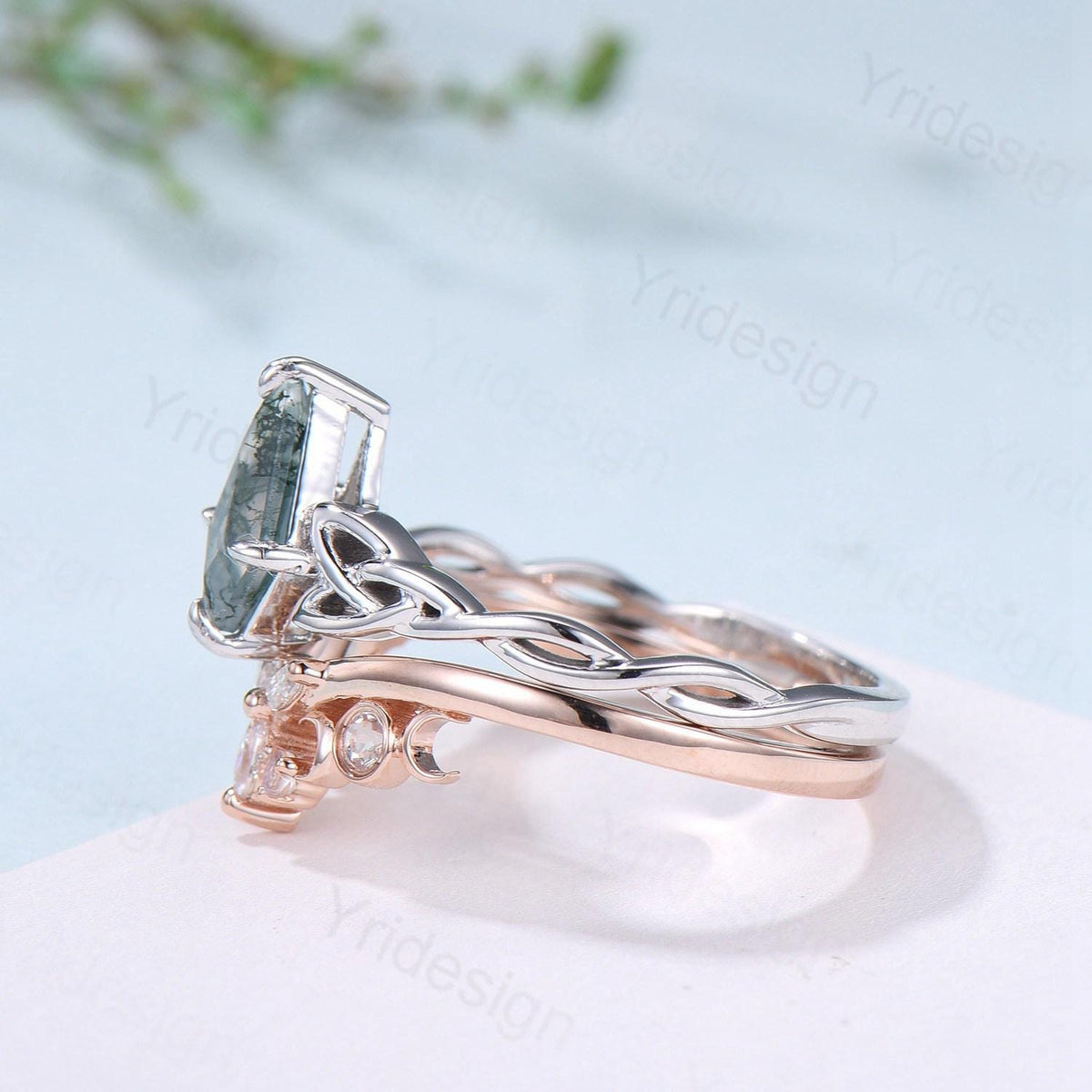 Norse Viking Kite Cut Moss Agate Engagement Ring Set Celtic Love Knot Moonstone Wedding Band Vintage Unique Twisted Green Crystal Bridal Set