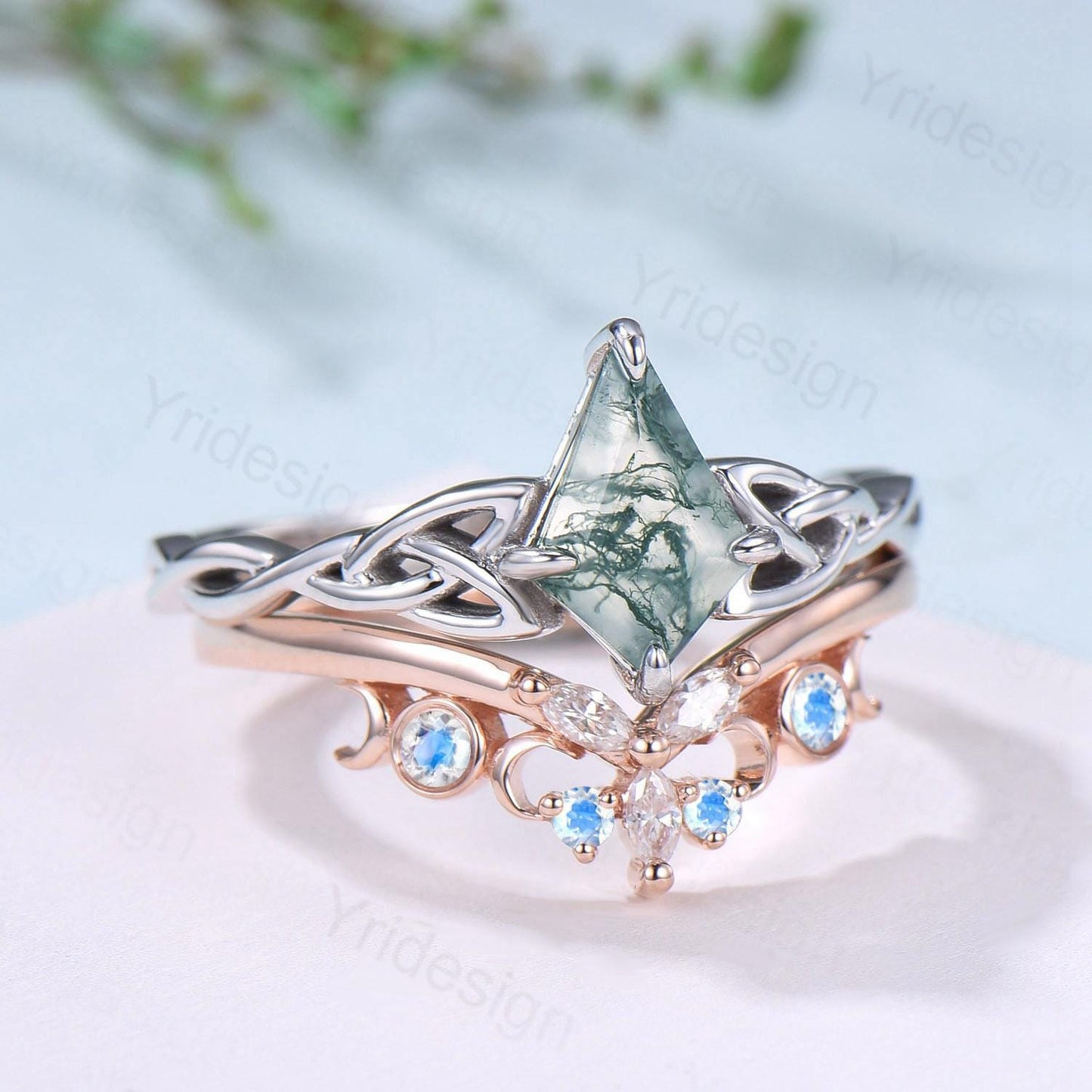 Norse Viking Kite Cut Moss Agate Engagement Ring Set Celtic Love Knot Moonstone Wedding Band Vintage Unique Twisted Green Crystal Bridal Set