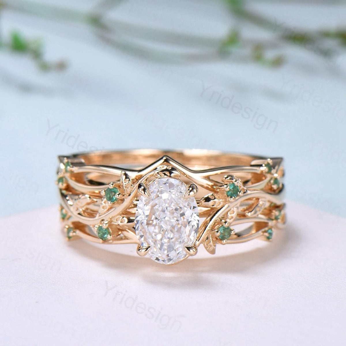 Natural Inspired Lab Grown Diamond Engagement Ring Set Certificate 1.5CT Oval Lab Diamond Emerald Wedding Set Cluster Leaf Branch Bridal Set