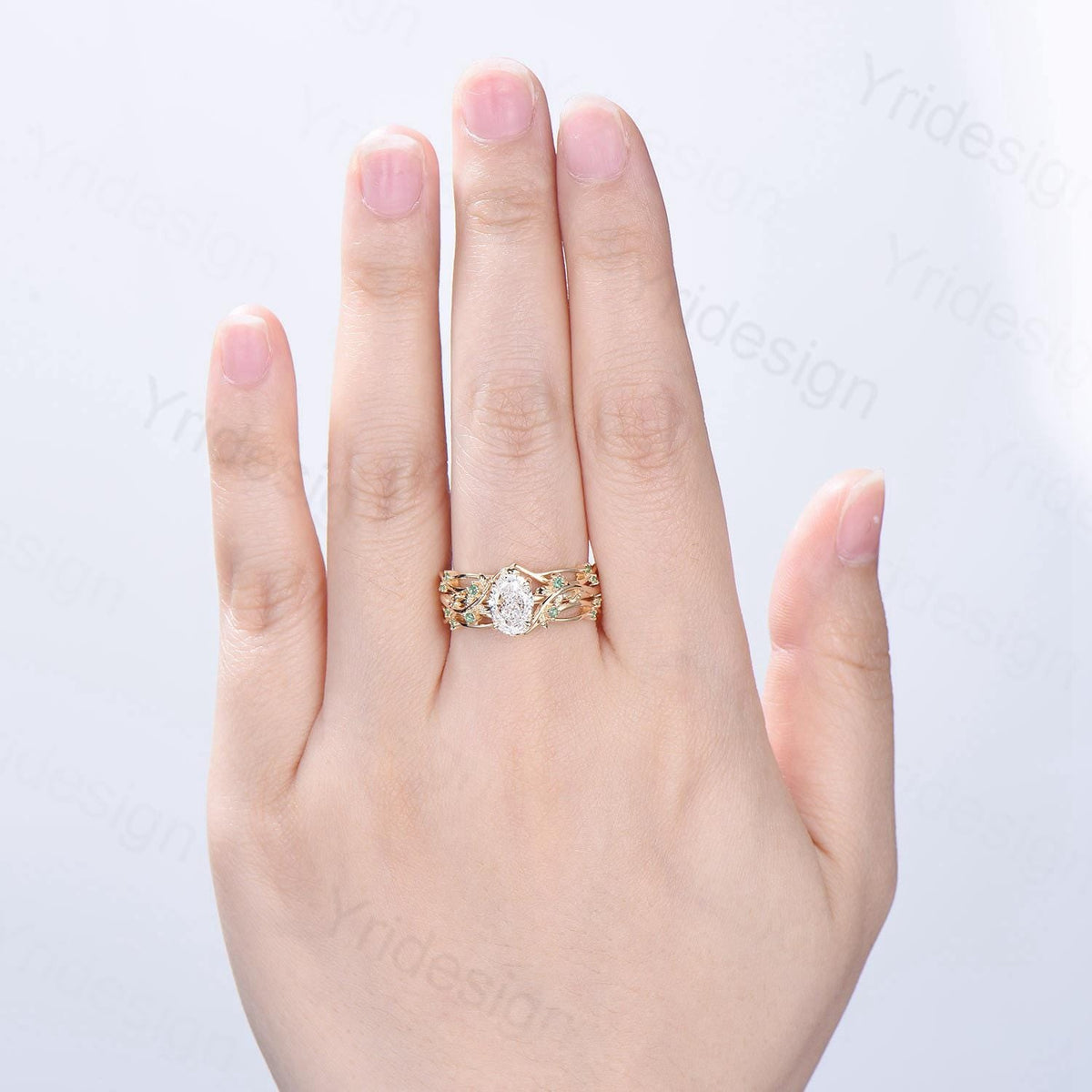 Natural Inspired Lab Grown Diamond Engagement Ring Set Certificate 1.5CT Oval Lab Diamond Emerald Wedding Set Cluster Leaf Branch Bridal Set