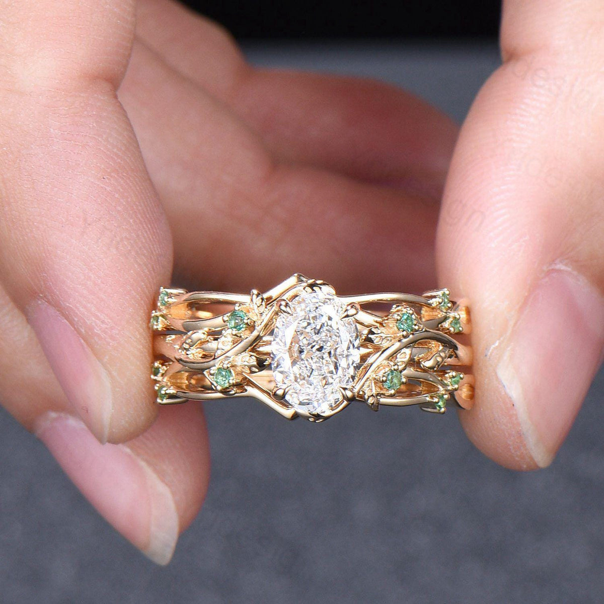 Natural Inspired Lab Grown Diamond Engagement Ring Set Certificate 1.5CT Oval Lab Diamond Emerald Wedding Set Cluster Leaf Branch Bridal Set