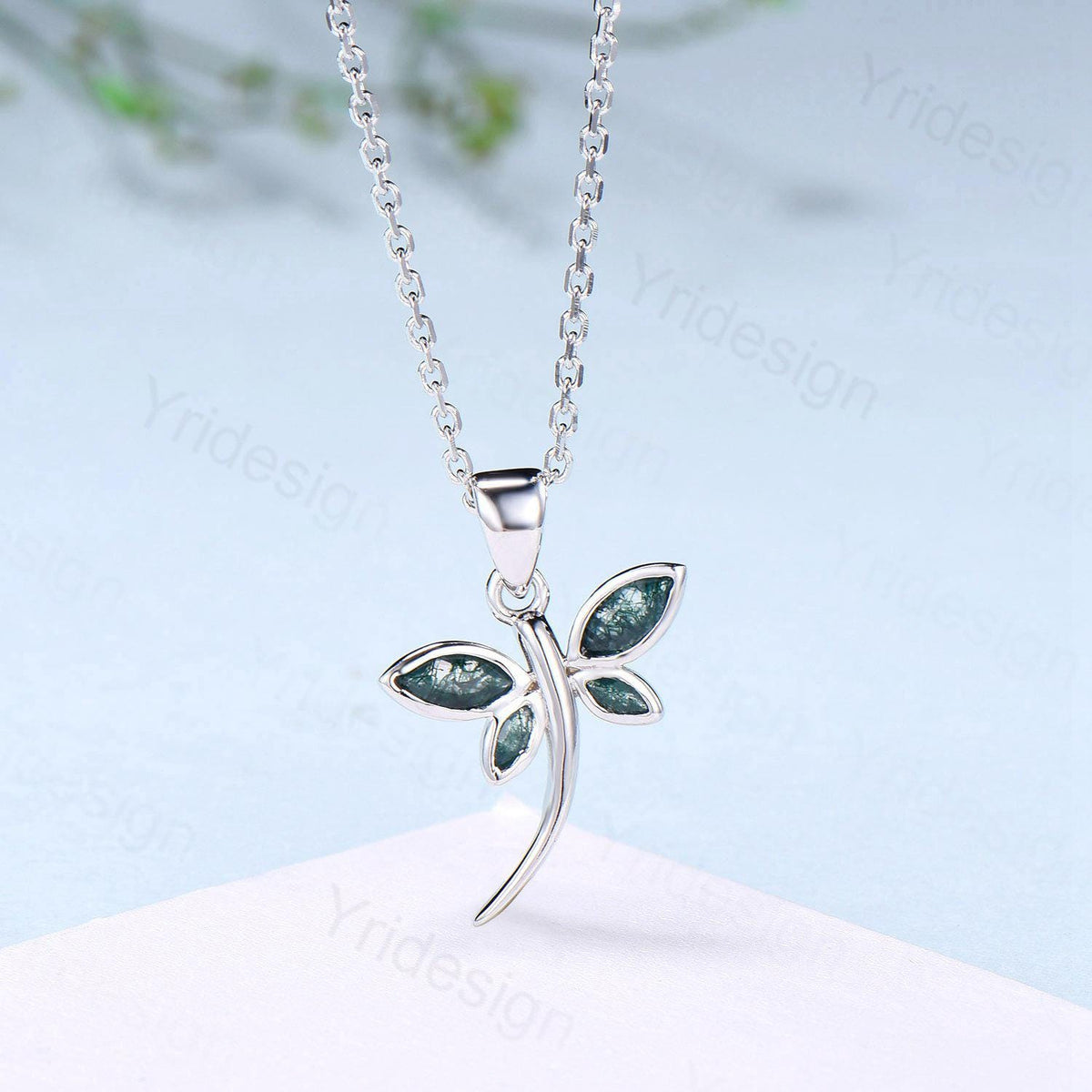 Dainty Marquise Cut Moss Agate Necklace Bezel Set Green Agate Dragonfly Accompany Necklace Pendant Necklace Unique Anniversary Gift Women