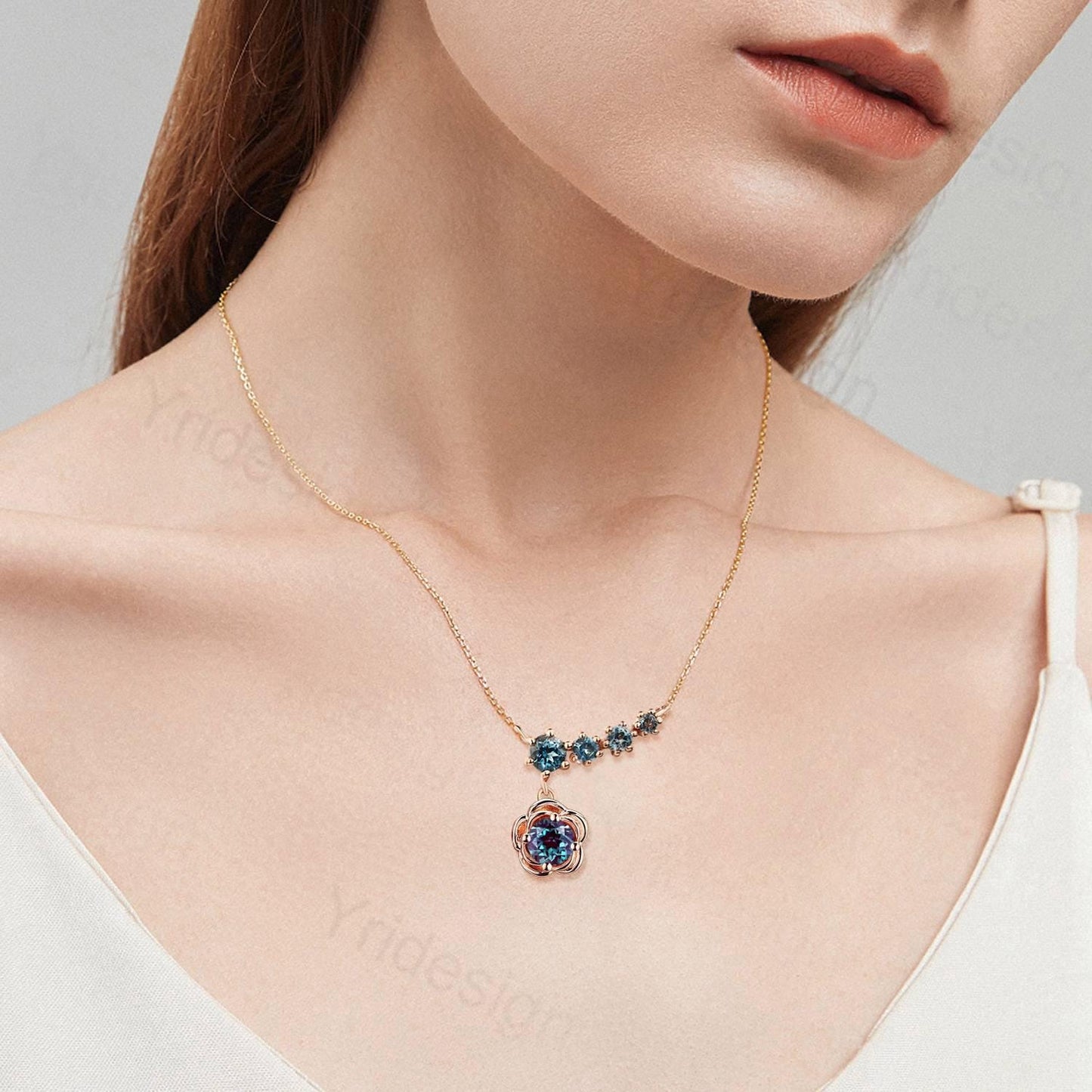 Unique Flower Alexandrite Necklace Floral Halo Alexandrite Necklace Five Stone Pendant Necklace Promise Anniversary gift for daughter