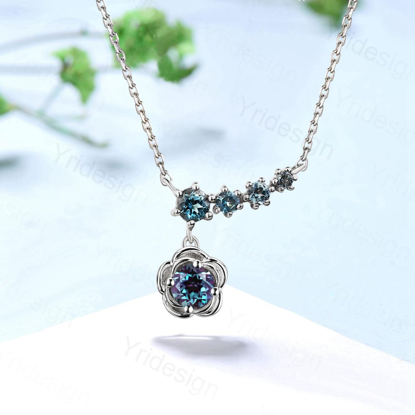 Unique Flower Alexandrite Necklace Floral Halo Alexandrite Necklace Five Stone Pendant Necklace Promise Anniversary gift for daughter