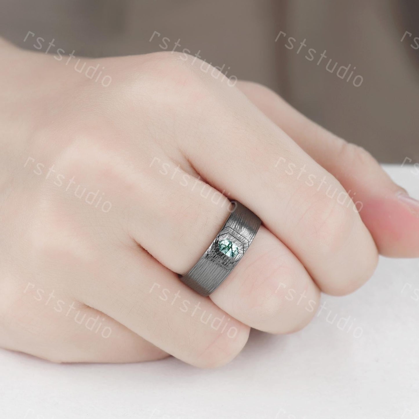 Vintage Moss Agate Couple Ring Set: Black Gold Wedding Bands