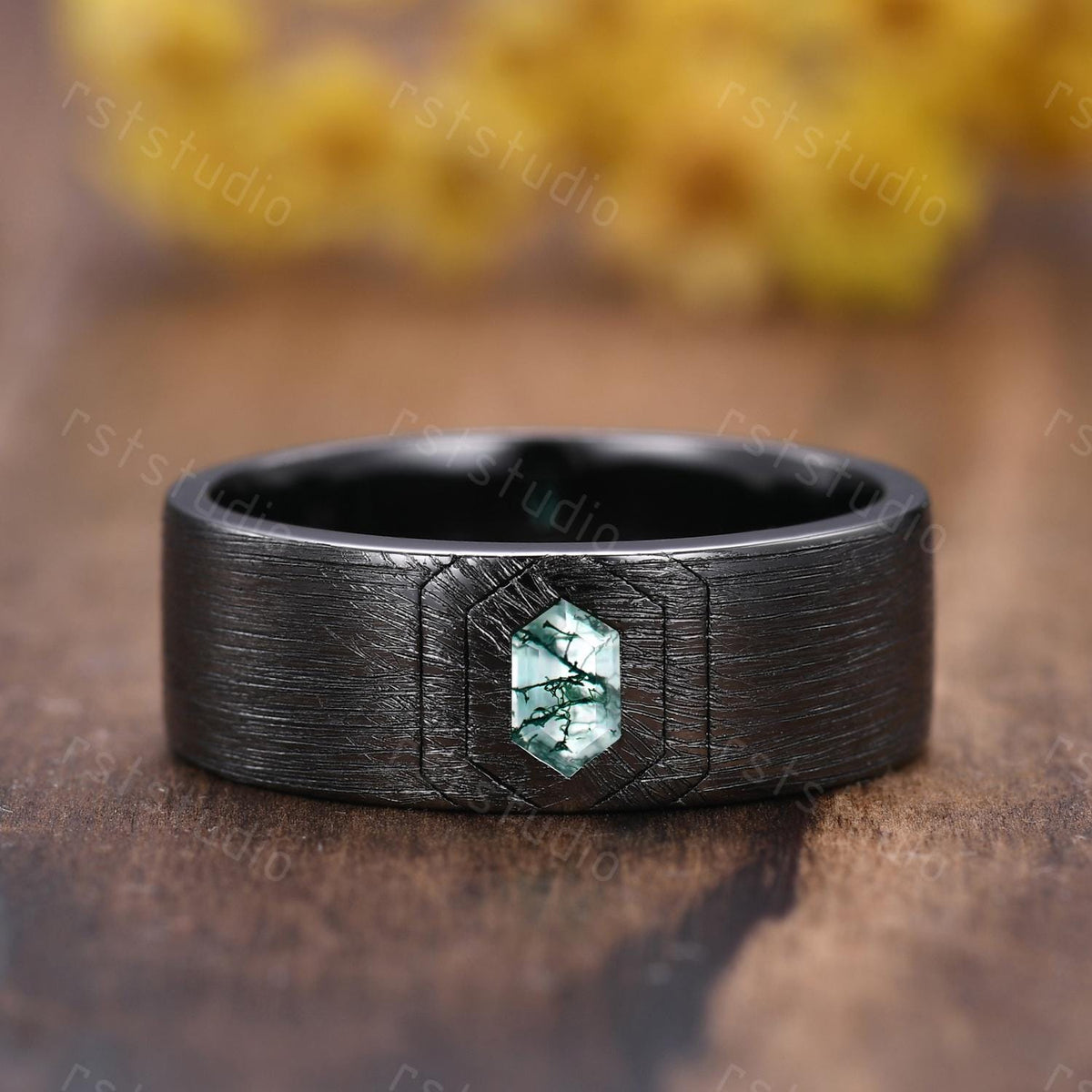 Mens Gothic Moss Agate Wedding Ring: Black Gold Hexagon Band