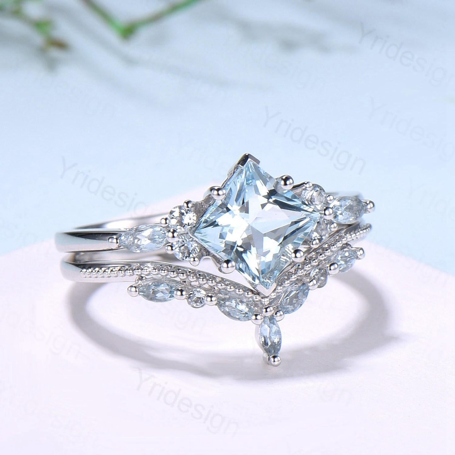 Art Deco Princess Cut Natural Aquamarine Engagement Ring Set Silver Rose Gold Unique 2CT March Birthstone Bridal Wedding Ring Set For Women