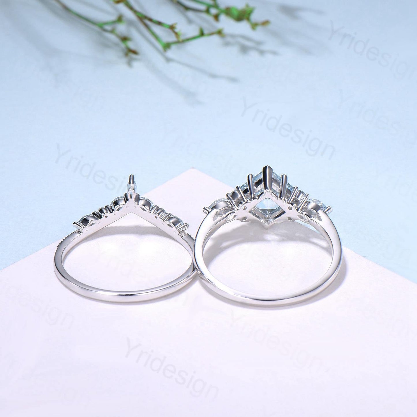 Art Deco Princess Cut Natural Aquamarine Engagement Ring Set Silver Rose Gold Unique 2CT March Birthstone Bridal Wedding Ring Set For Women