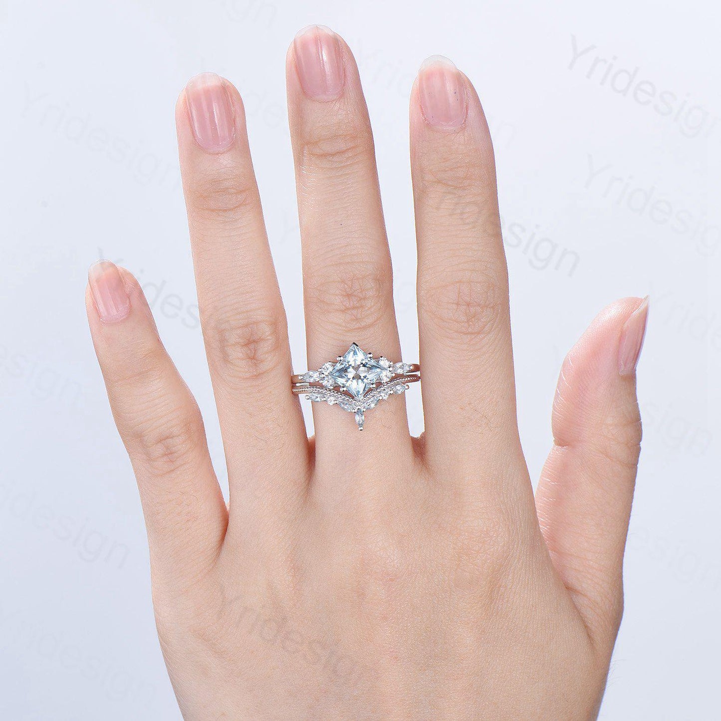 Art Deco Princess Cut Natural Aquamarine Engagement Ring Set Silver Rose Gold Unique 2CT March Birthstone Bridal Wedding Ring Set For Women