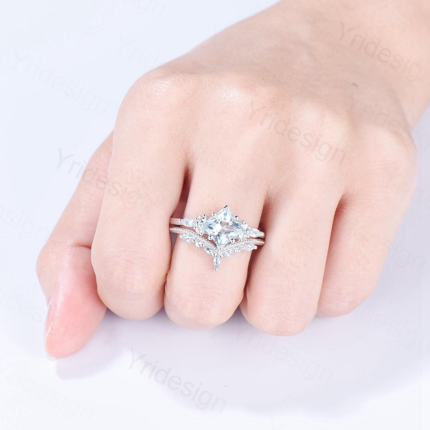 Art Deco Princess Cut Natural Aquamarine Engagement Ring Set Silver Rose Gold Unique 2CT March Birthstone Bridal Wedding Ring Set For Women