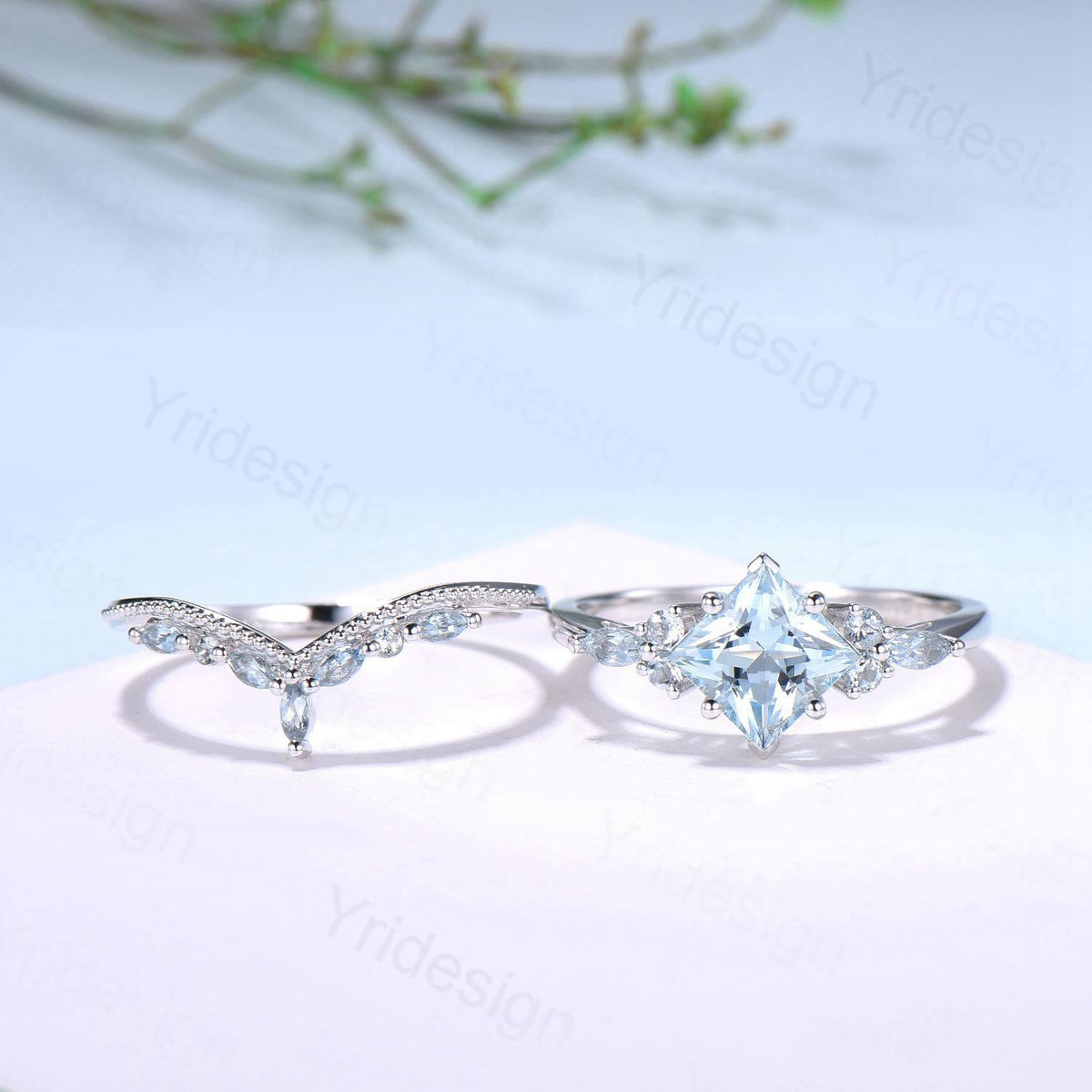 Art Deco Princess Cut Natural Aquamarine Engagement Ring Set Silver Rose Gold Unique 2CT March Birthstone Bridal Wedding Ring Set For Women