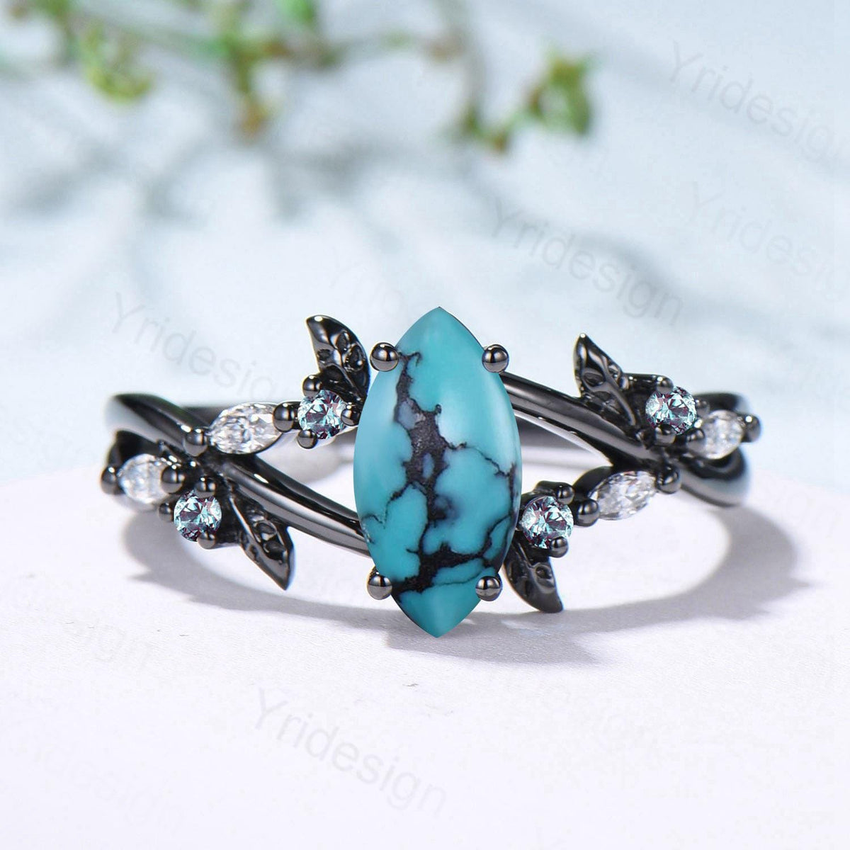 Unique Goth Turquoise Engagement Ring Natural Inspired Gothic Marquise Black Gold Ring Leaves Split Shank Cluster Alexandrite Wedding Ring