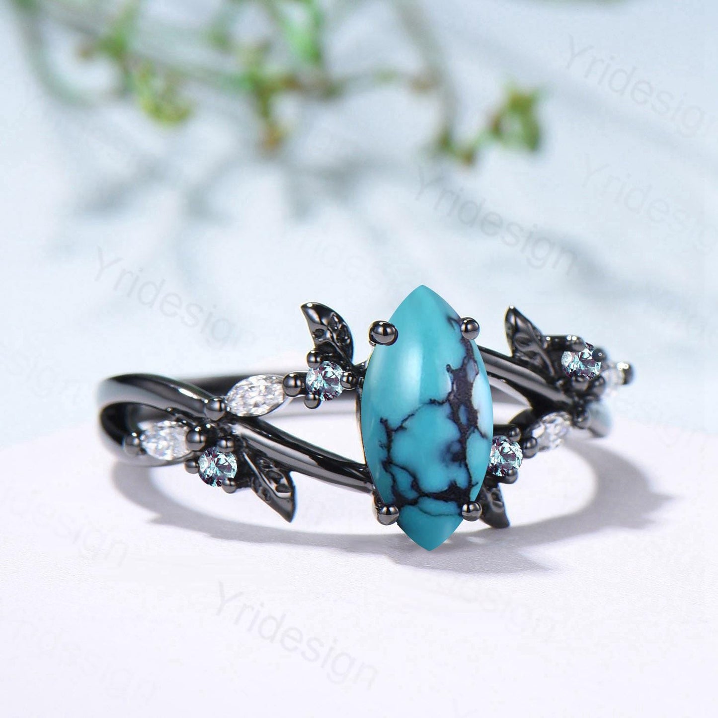 Unique Goth Turquoise Engagement Ring Natural Inspired Gothic Marquise Black Gold Ring Leaves Split Shank Cluster Alexandrite Wedding Ring
